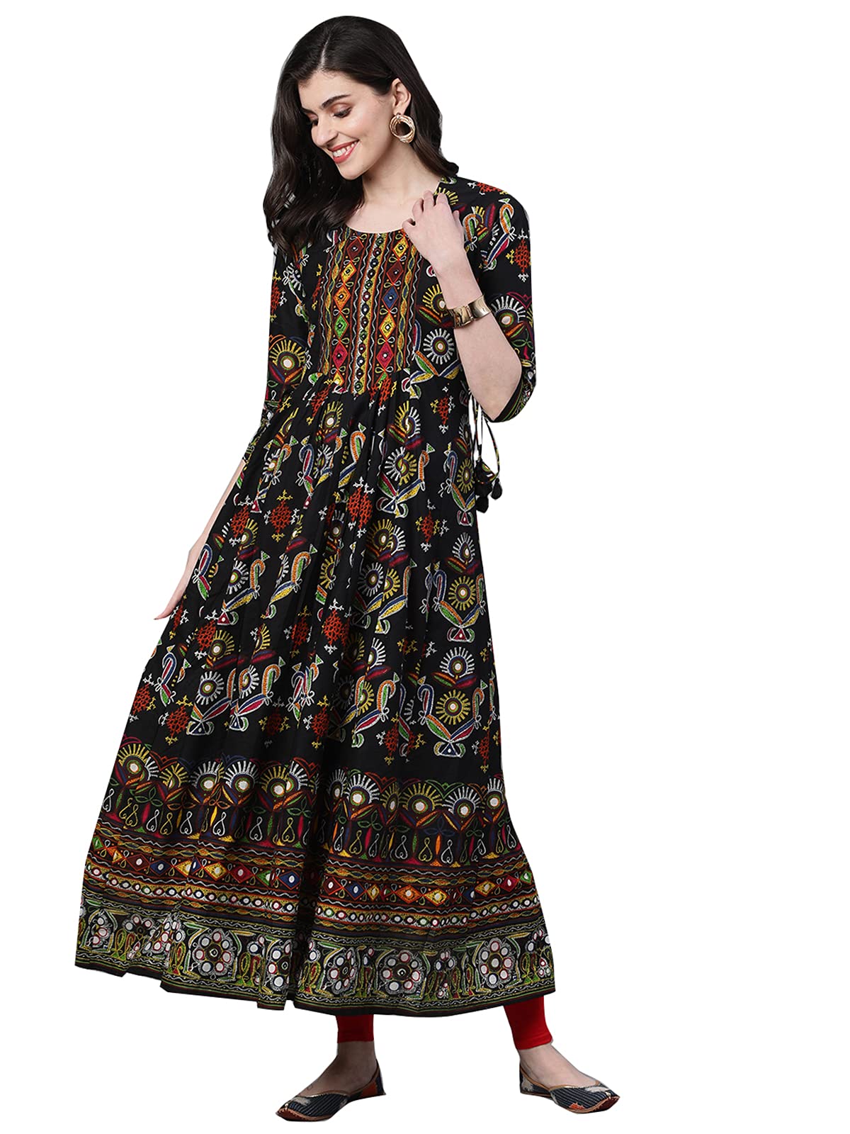 ishin Women's Cotton Anarkali Printed Mirror Work Ethnic Motifs Print Black Kurti