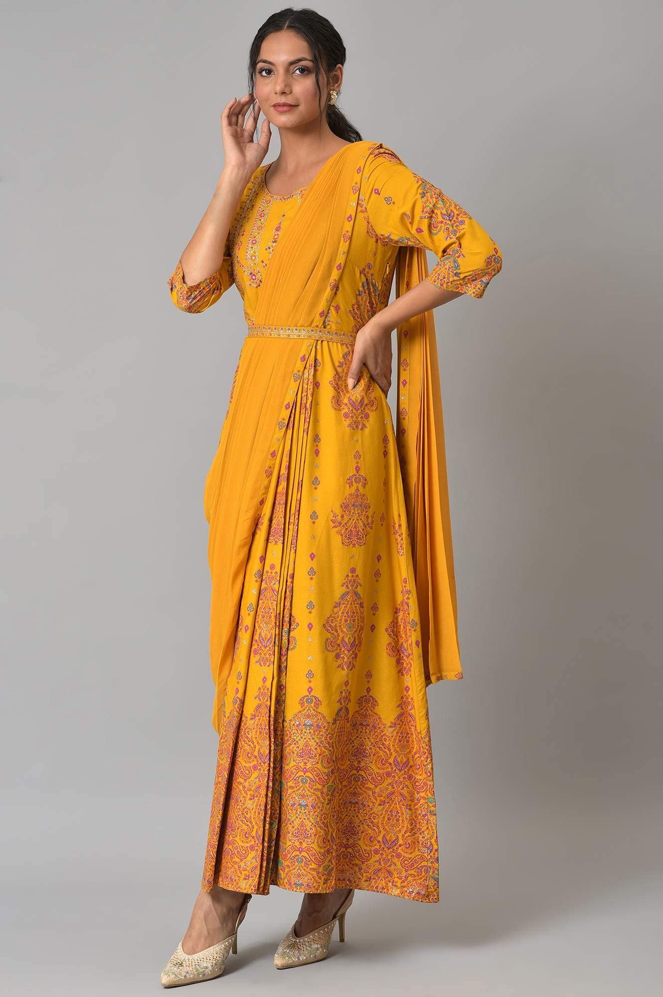 W For Woman Yellow Ethnic Motif Glitter Embroidered Stylised Dress
