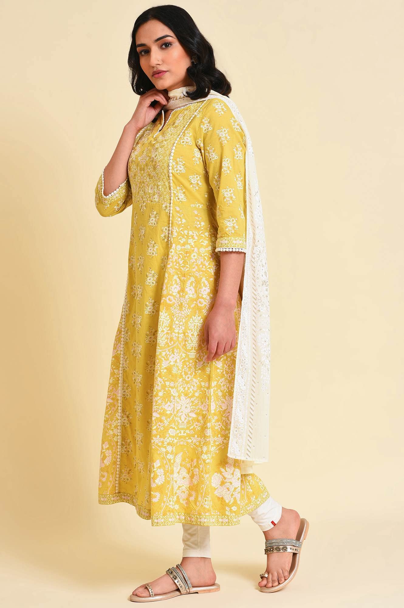 W for Woman Yellow Cotton Floral Printed Flared Kurta