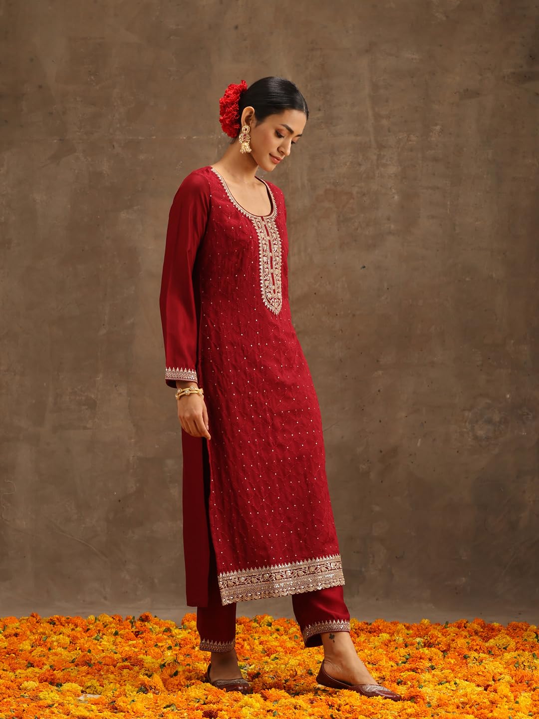 Libas Women's Silk Blend Kurta Set, Medium-X-Large, Maroon, Model 38088O, Cotton Material