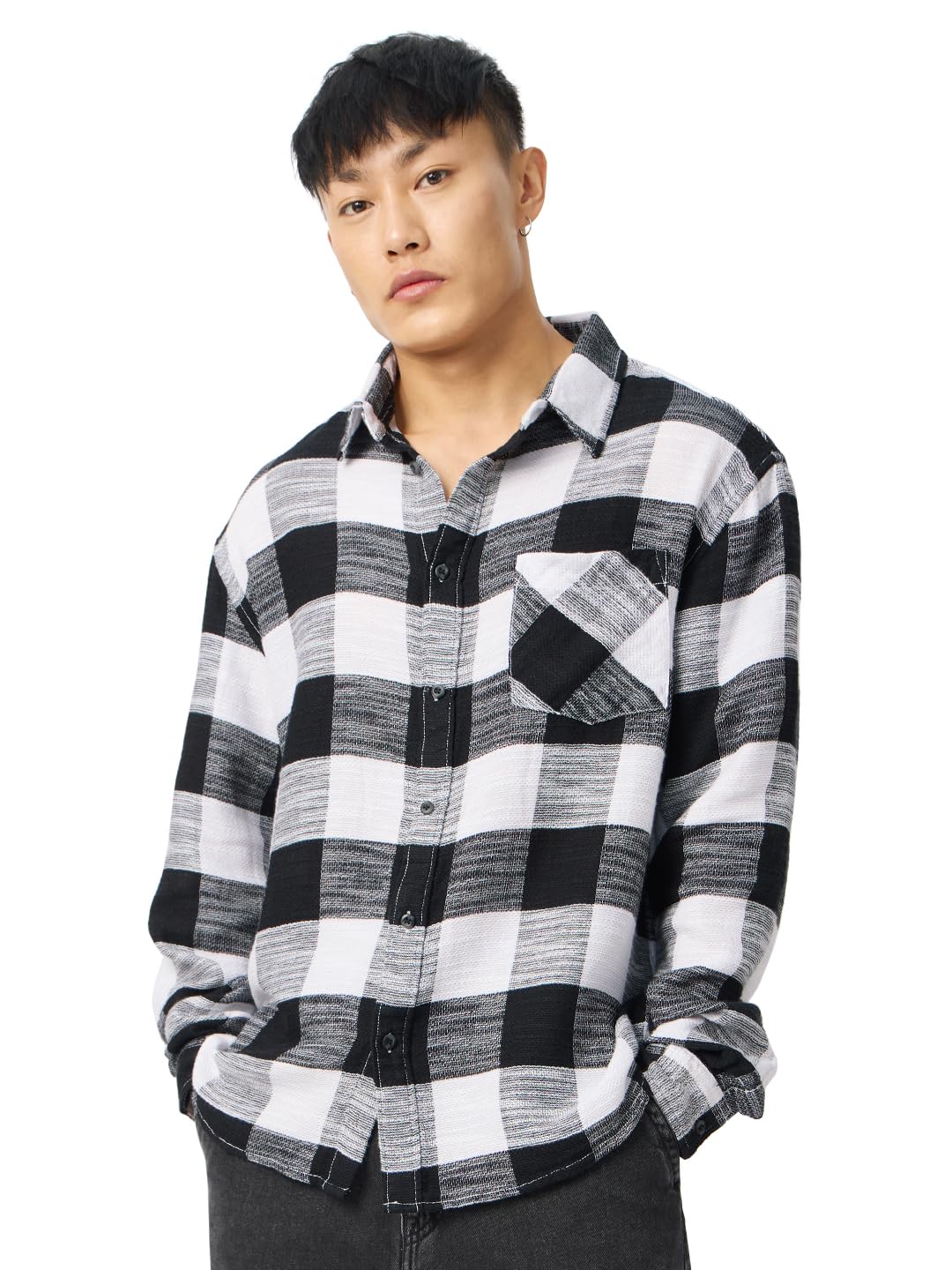 The Souled Store Plaid : Black,White Men and Boys Long Sleeve Collared Neck Button Down Linen Relaxed Fit Check Shirts