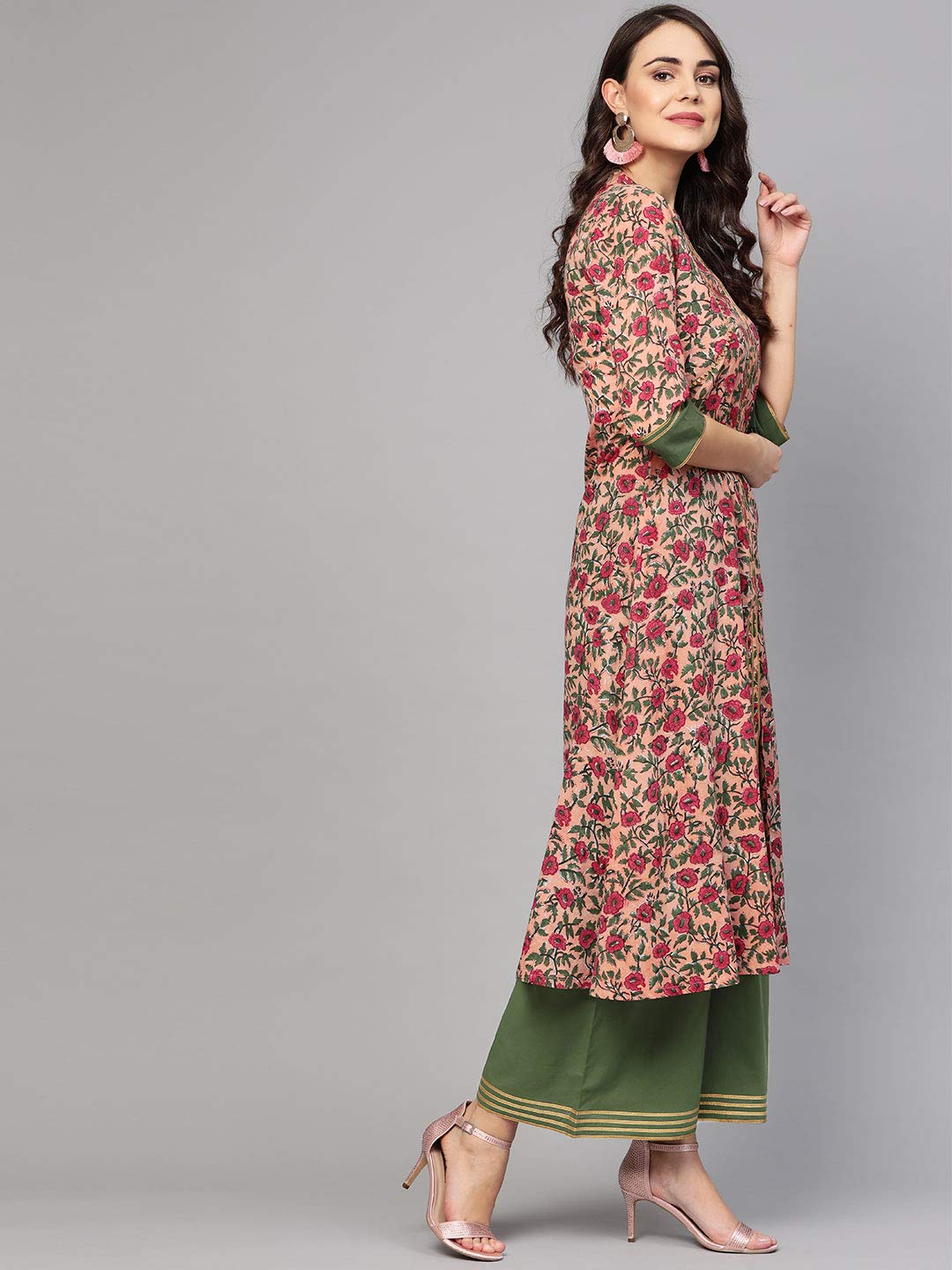 idaLia Floral Print A-Line Kurta Set with Palazzo - Cotton A-Line Kurtas for Women, 3/4 Sleeve, Mandarin Collar, Calf Length