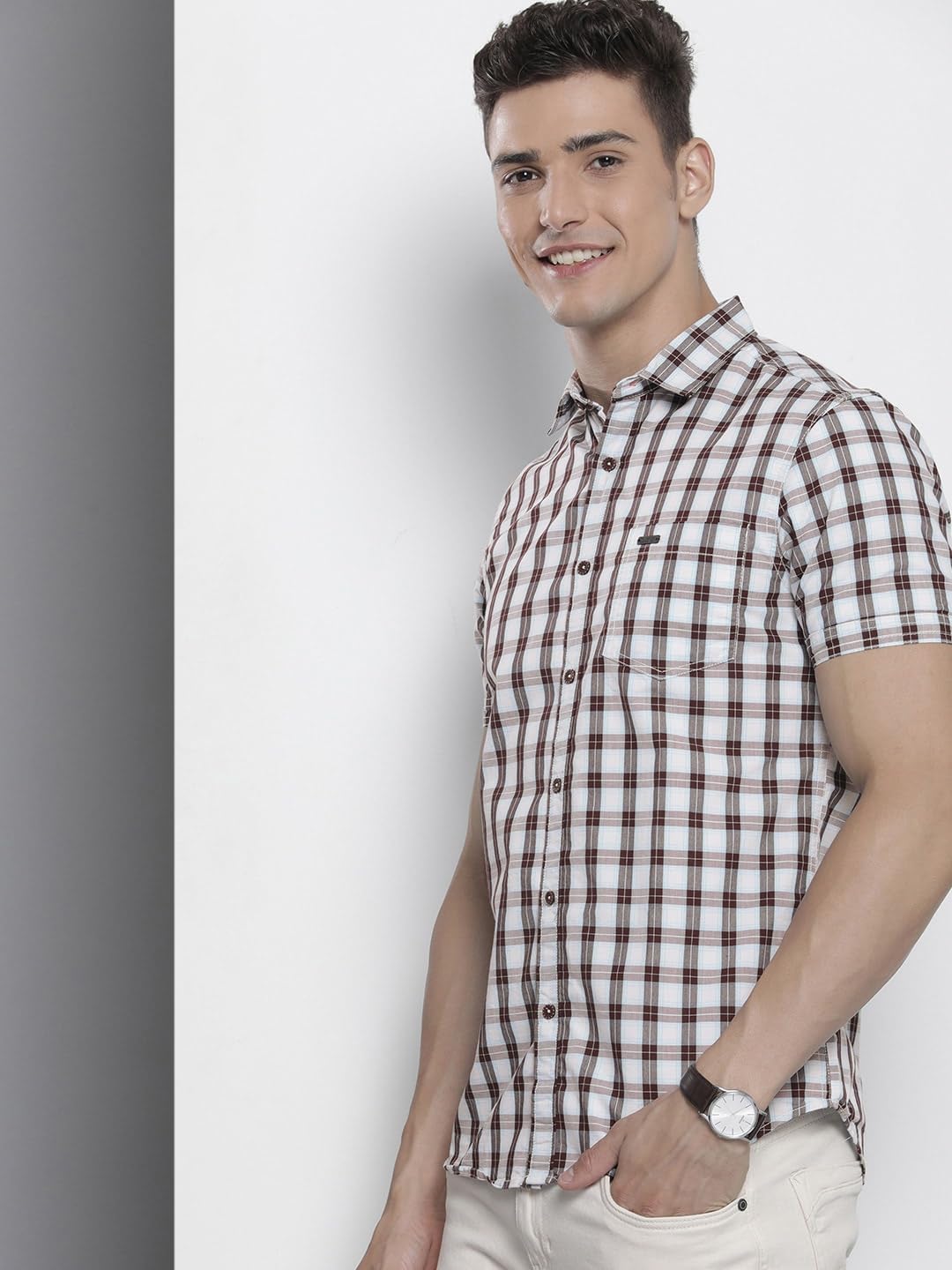 The Indian Garage Co Men Brown Checkered Slim Fit Casual Shirt