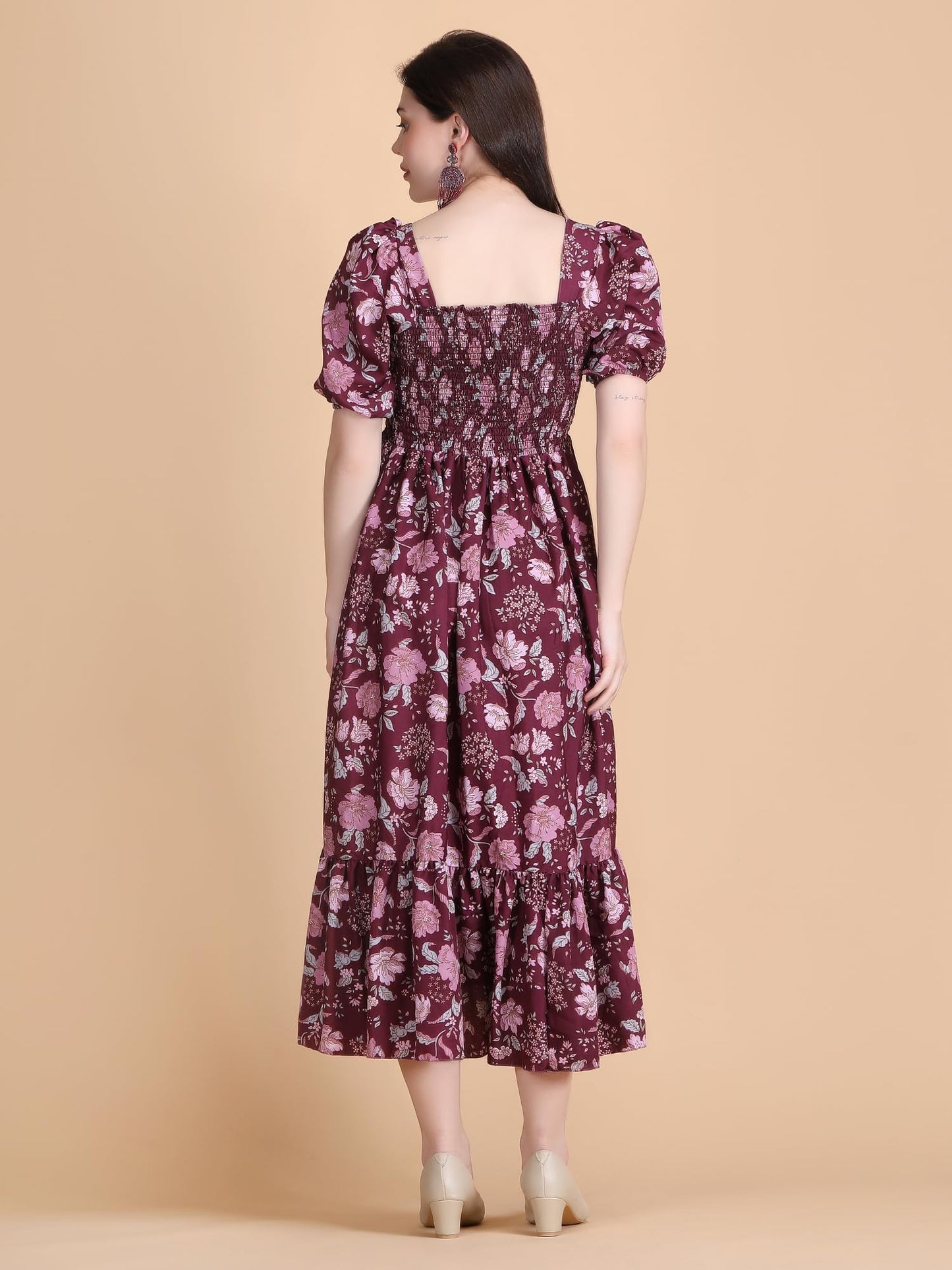 Kuduzo WomenS Crepe Midi Dress With Half Puff Sleeves Square Neck Line Floral Pattern Calf Length Regular Fit And Flare Purple