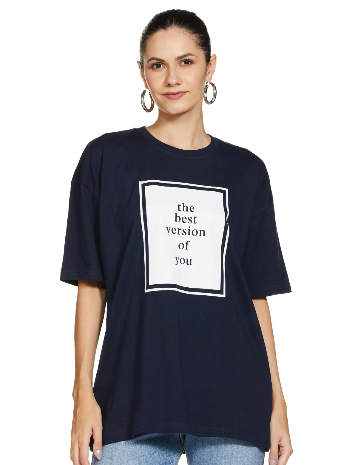 T2F Womens Printed Oversized Fit T-Shirt (WOM-DRP-TSRT-01_Navy