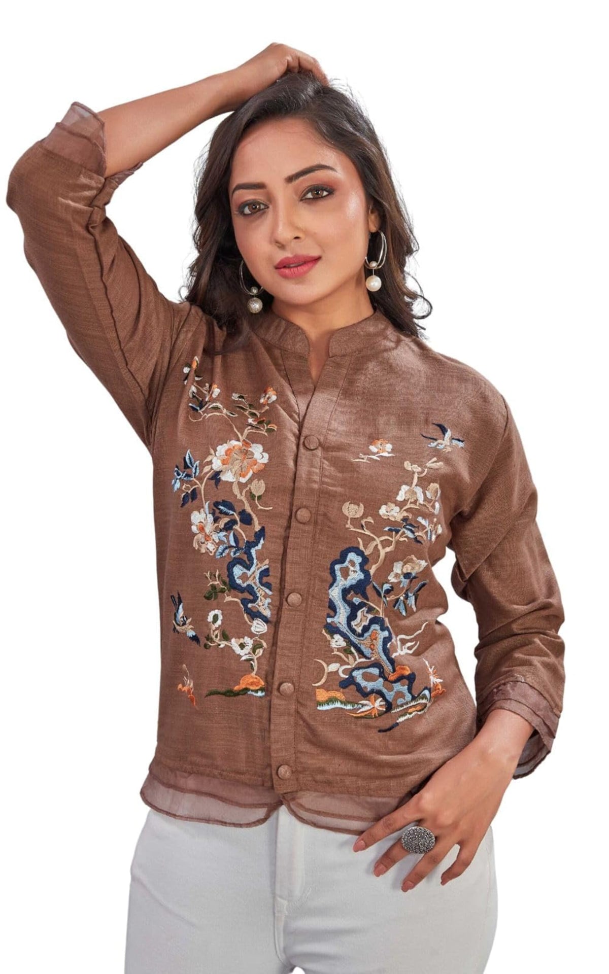 Kesudi WomenS Rayon Floral Embroidered Tunic Top With Mandarin Neck 3/4 Sleeve Extra Short Length And Button Closure | Se-River