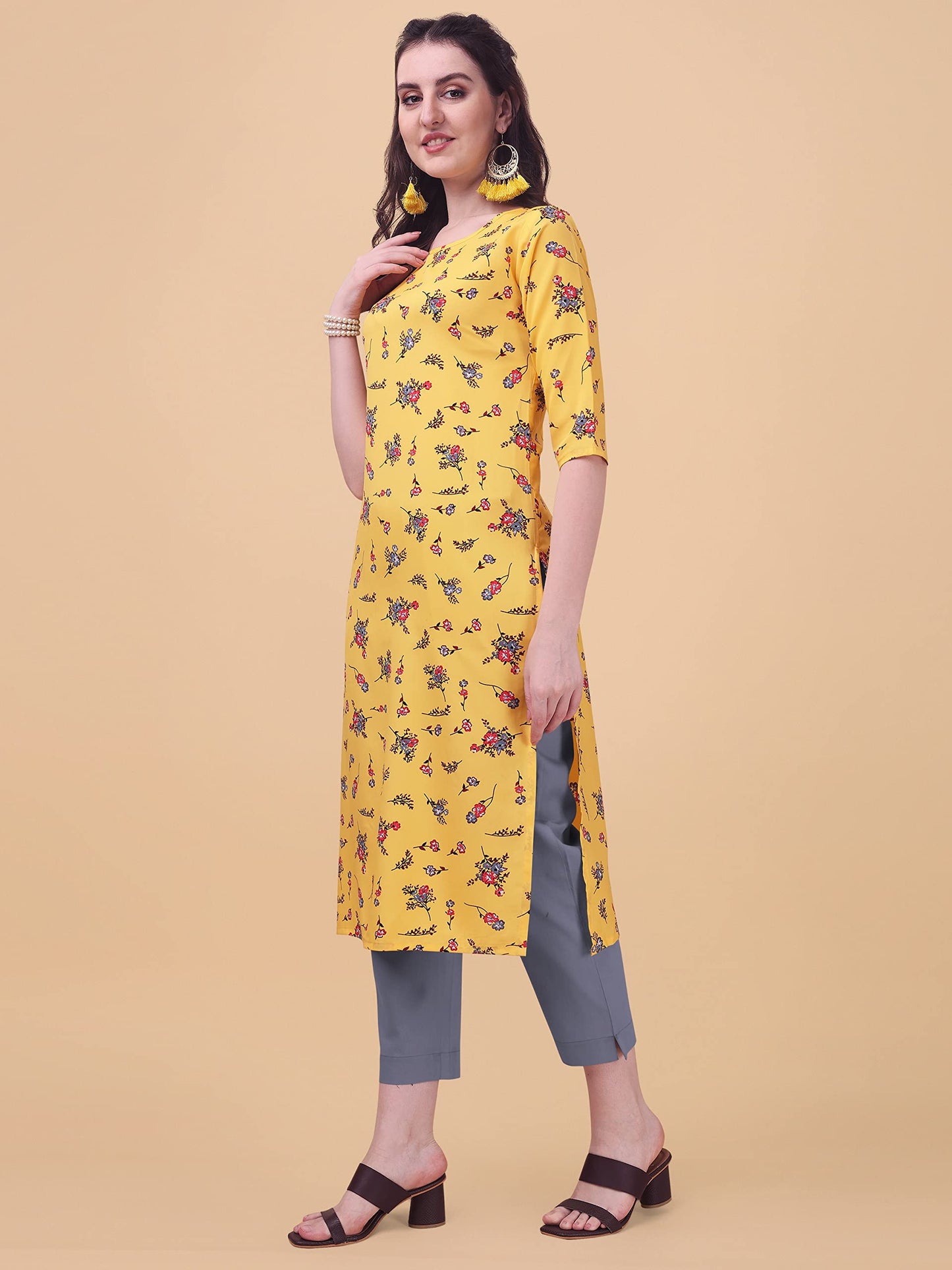 LookMark Women's Crepe Printed Regular Kurti | Kurta (K1100-S) Yellow