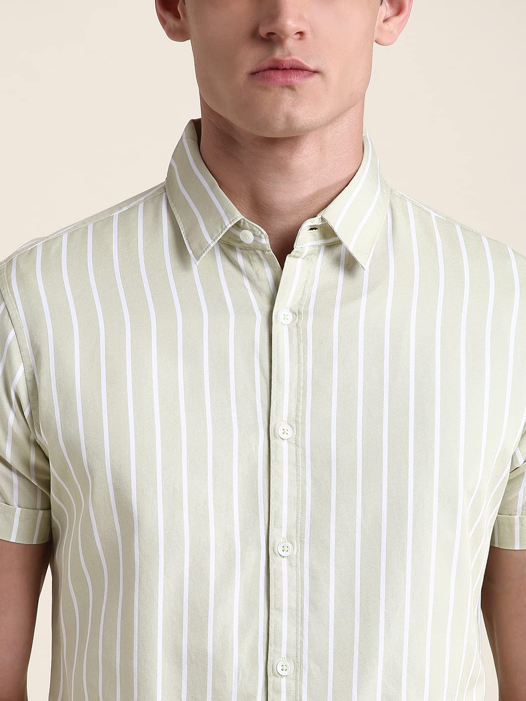 Dennis Lingo MenS Beige Striped Slim Fit Casual Shirt