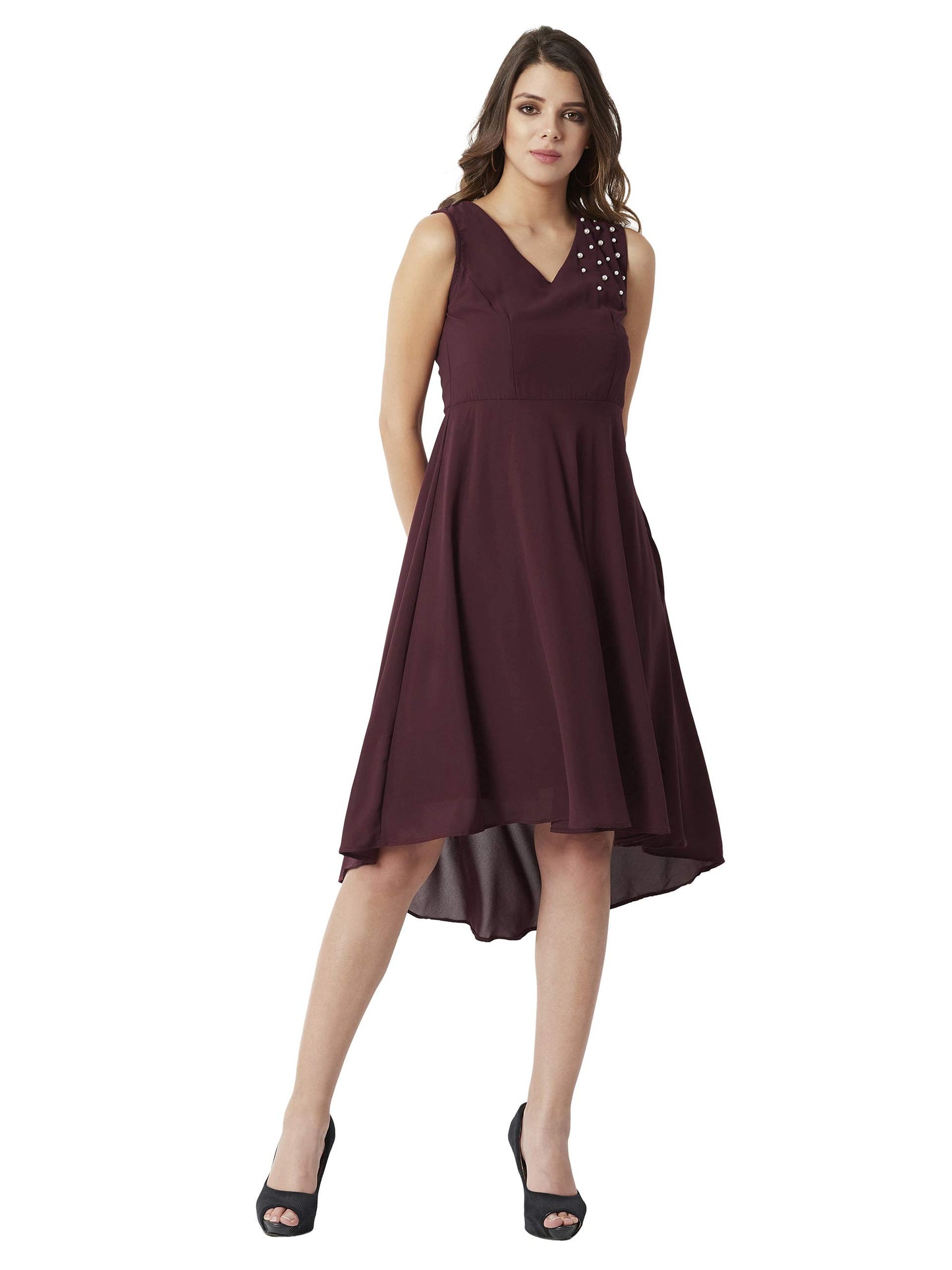 Miss Chase Womens V-Neck Sleeveless Dress (MCSS25D93-10-143-06, Maroon, XL)