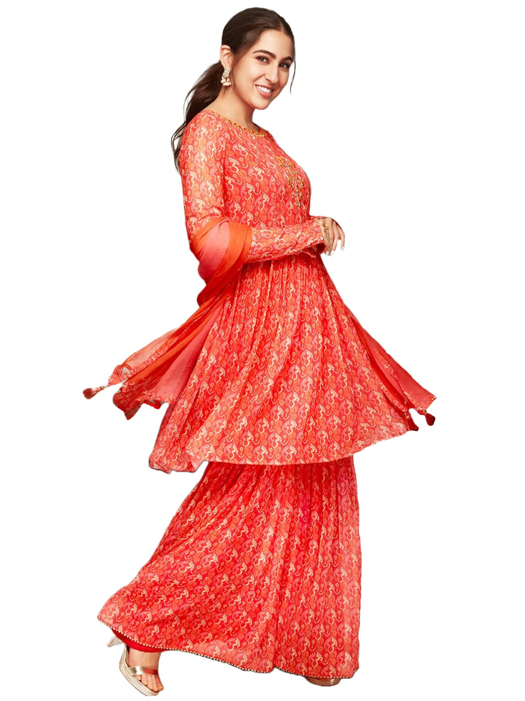 GoSriKi Womens Georgette A-Line Ethnic Motifs Printed Mirror Work Kurta with Sharara & Dupatta (Othani-GS)
