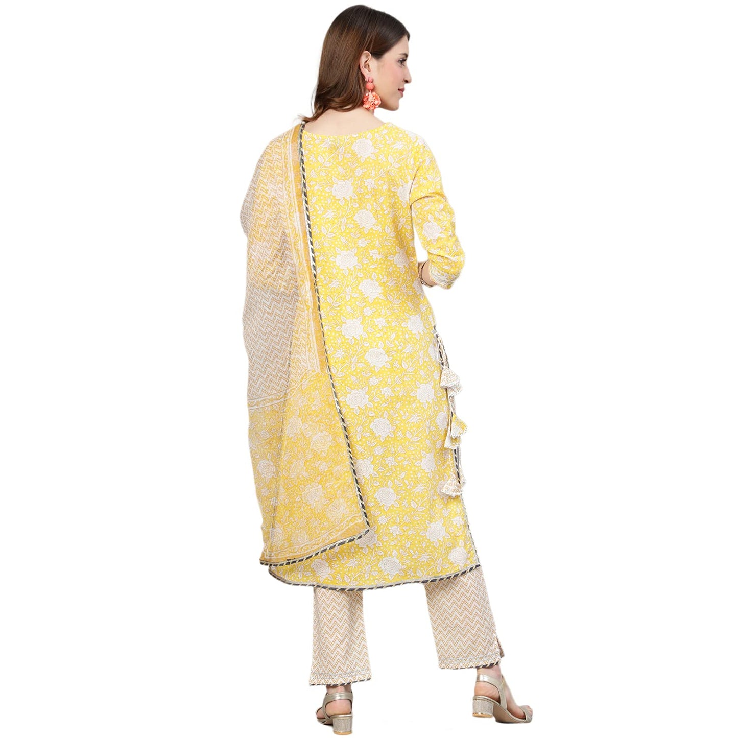ishin Women's Pure Cotton Embroidered Gotta Patti Yellow Floral Print A-Line Kurta suit set With Dupatta & Trouser