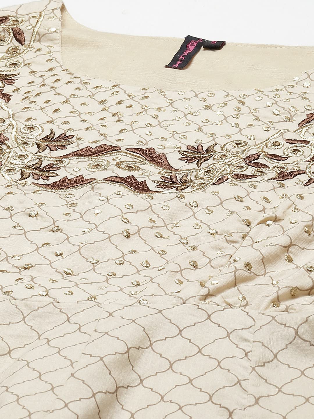 ishin Women's Cotton Anarkali Embroidered Thread Work Floral Print Beige Kurti with Dupatta