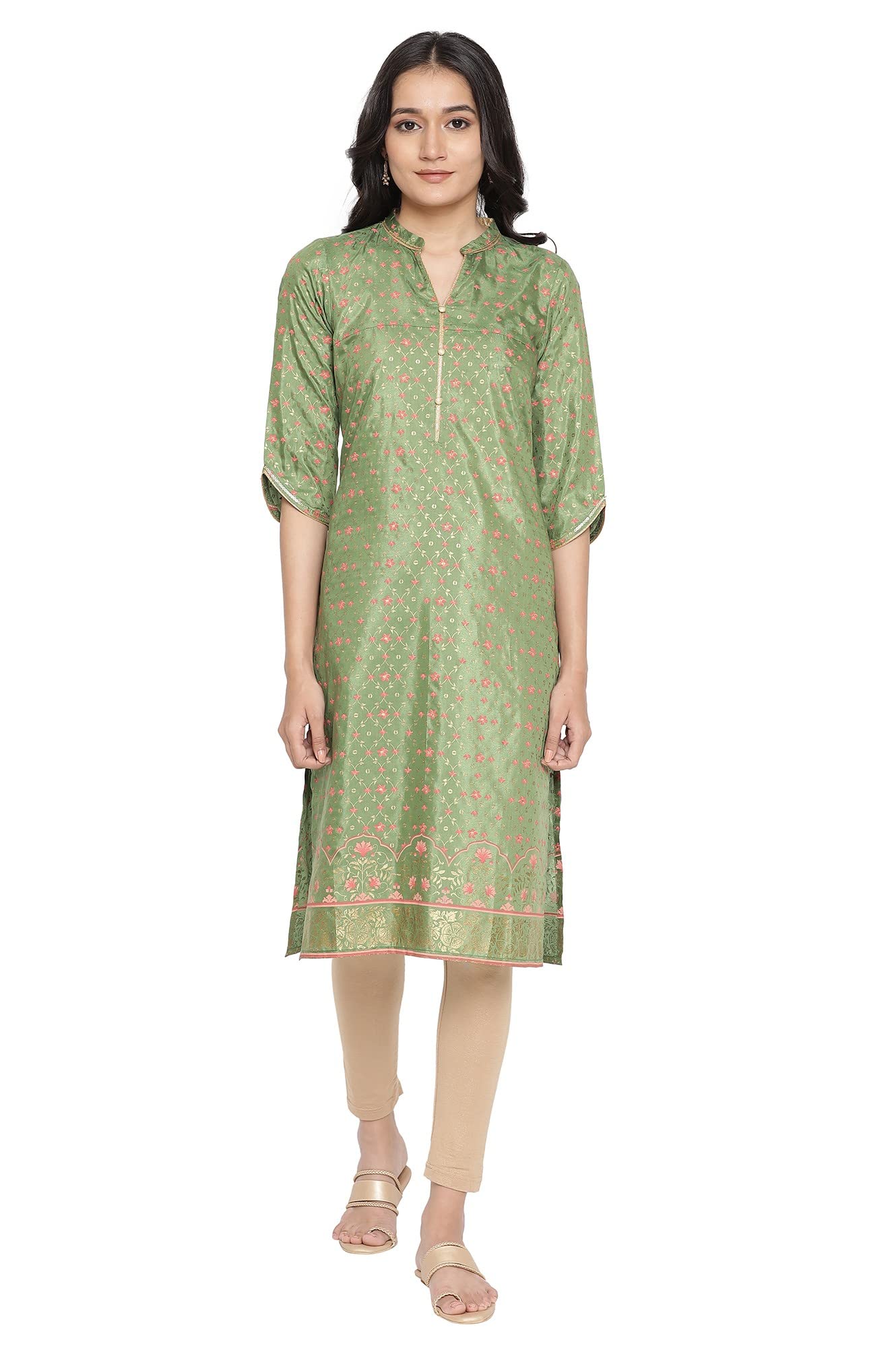 Aurelia WomenS Polyester Green Ornamental Mandarin Collar Straight Kurta_21Aua12719-504388_M