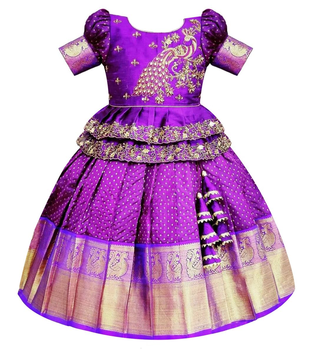 White Button New south Indian traditional pattu pavadai Jecquard Lehenga choli for girls dress (6-7 Years, Violet)