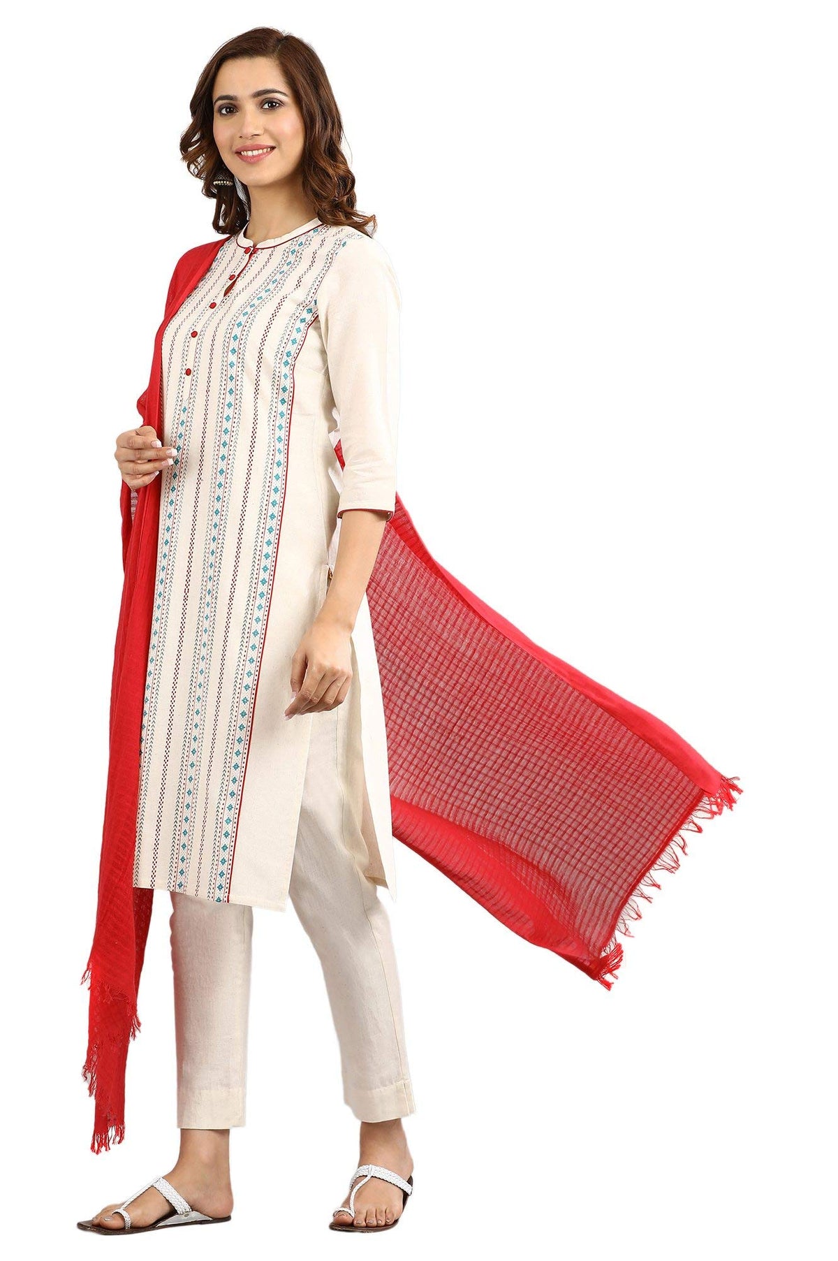 Aurelia Women Ecru Band Collar Cotton Kurta_22Fea10986-500992_Xs