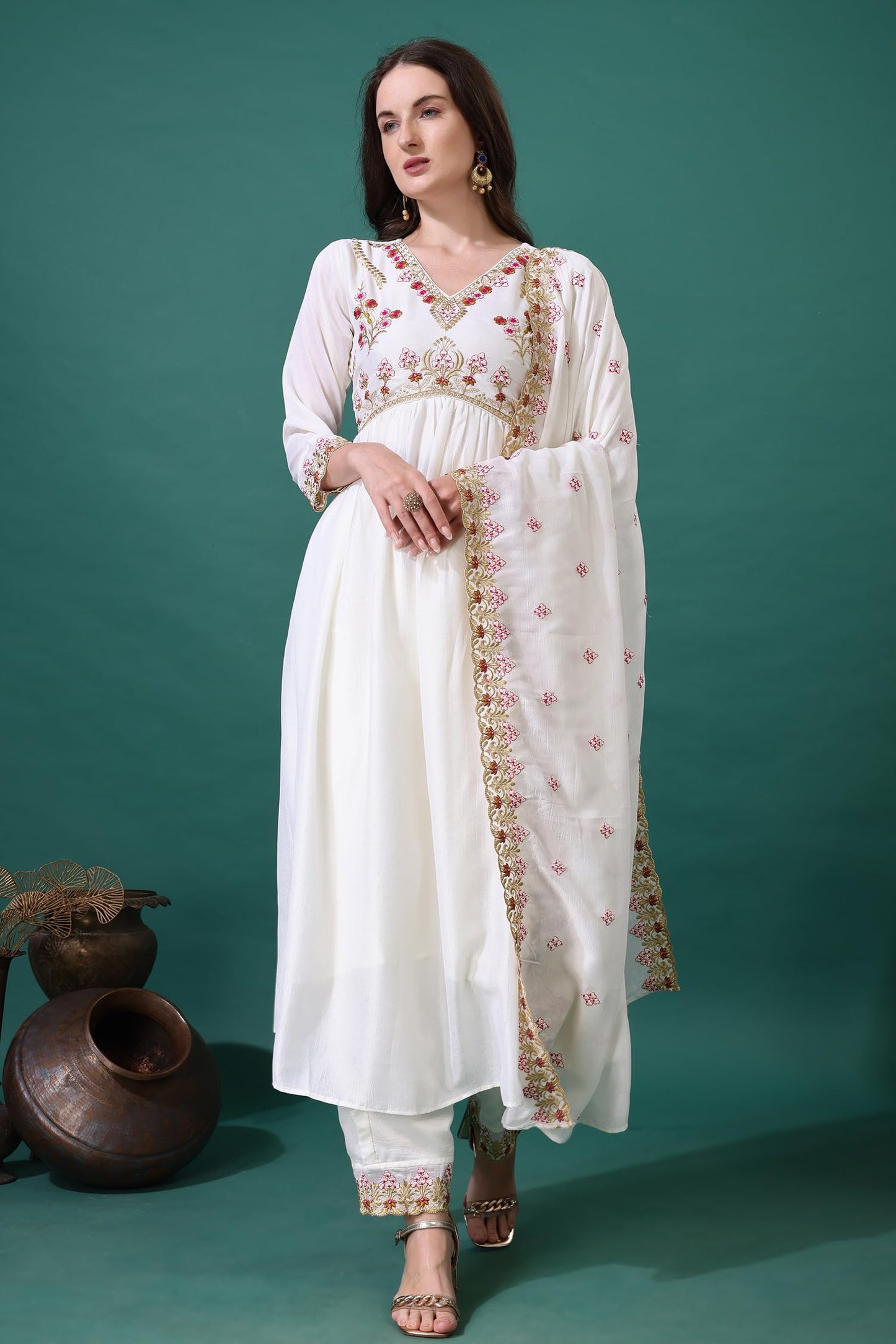 Pratham Blue WomenS Silk Embroidered Anarkali Kurta Palazzos With Dupatta |Kurta Set For Women |WomenS Kurta |Women Embroidere