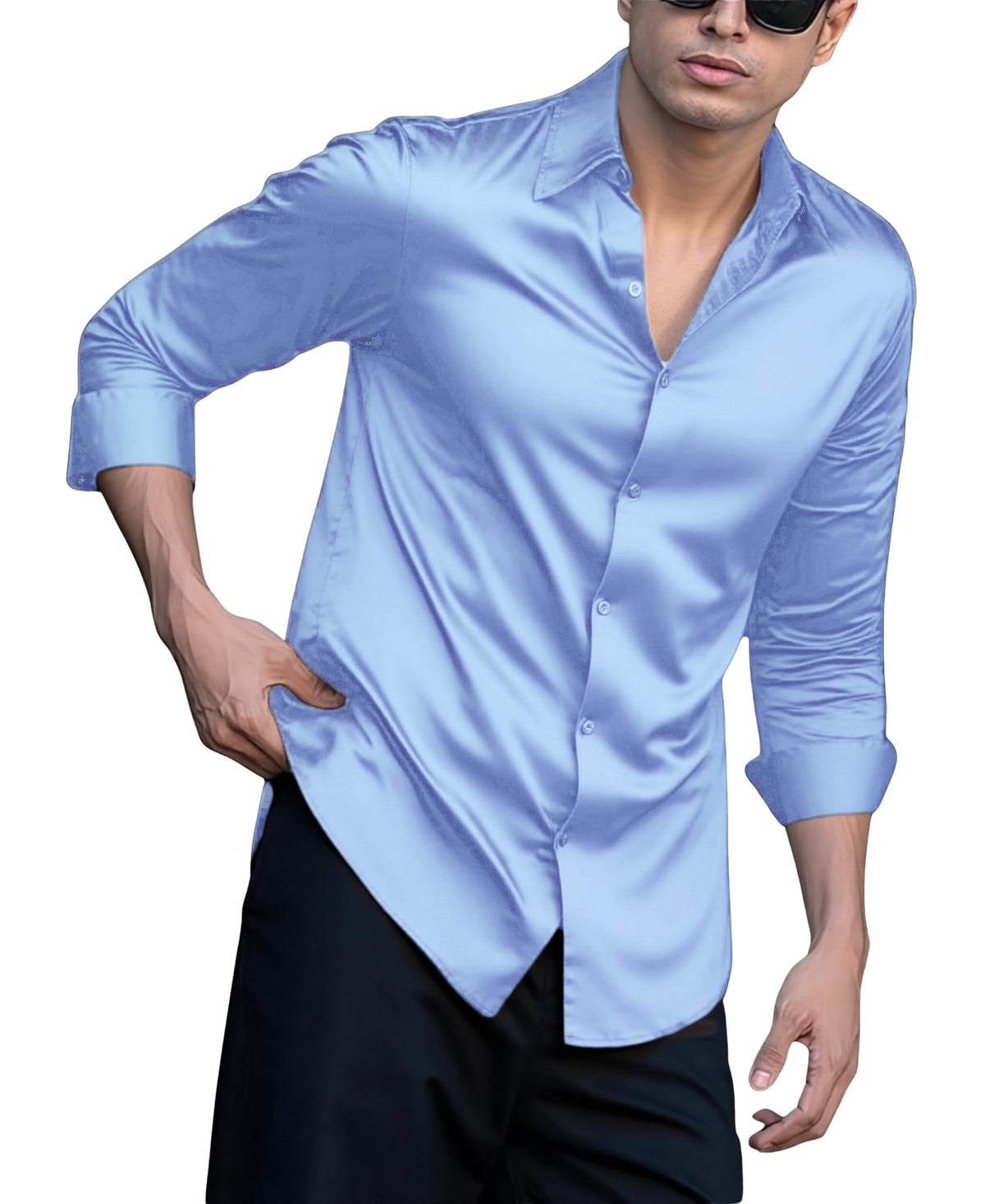 Indoprimo MenS Casual Button Down Long Sleeve Satin Plain Shirt Sky