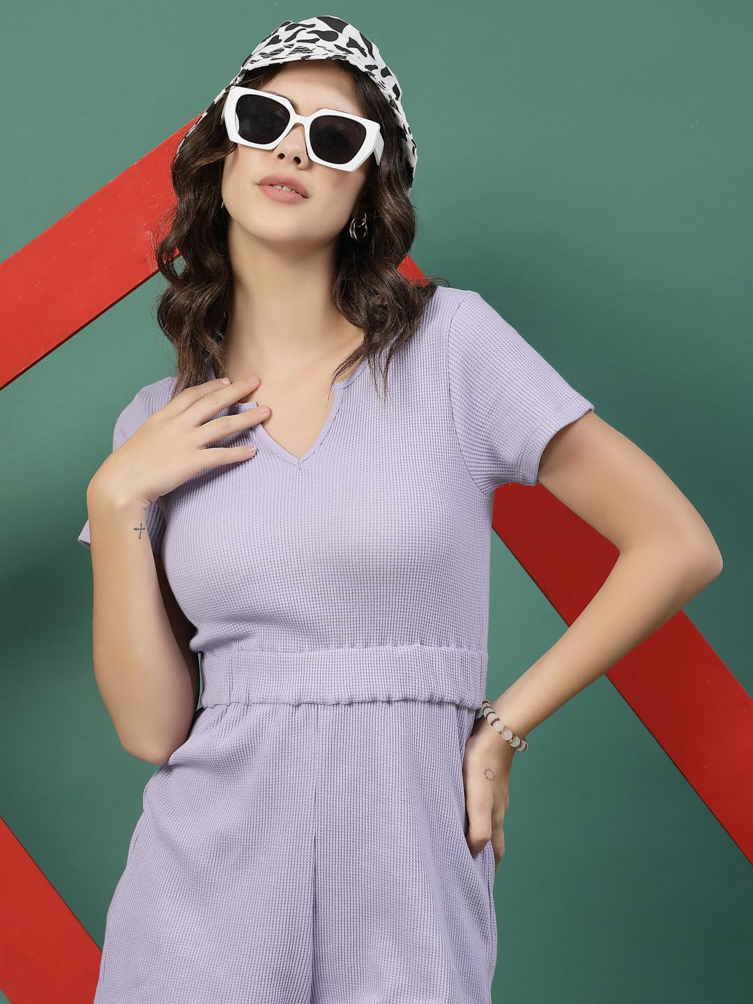 Rigo Waffle Playsuit Above The Knee Jumpsuit For Women (Wjd308-1021_Light Purple