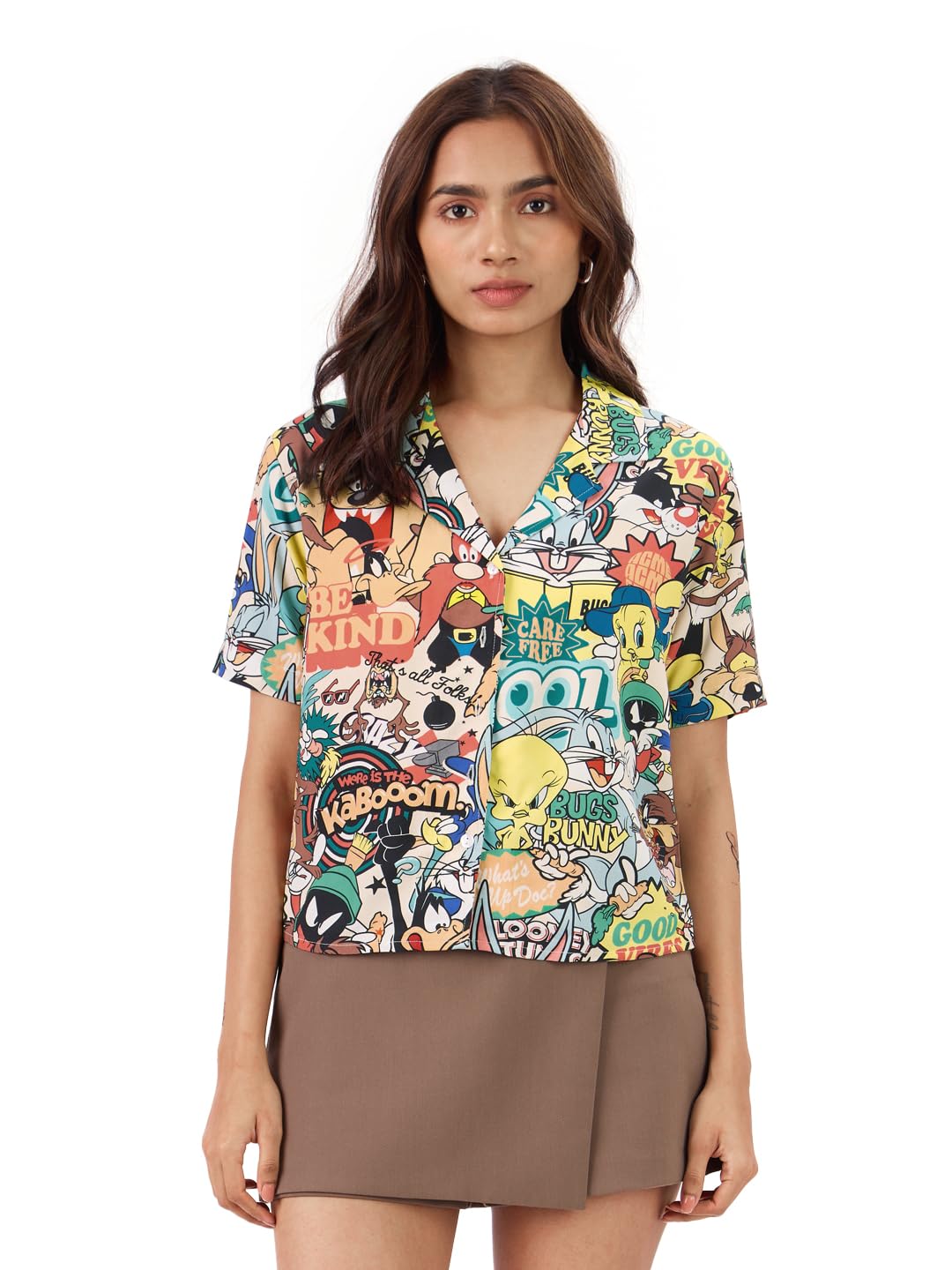 The Souled Store Official Looney Tunes: Vintage Vibe Viscose Short Sleeve Collared Neck Button Down Regular Fit Summer Shirts fo