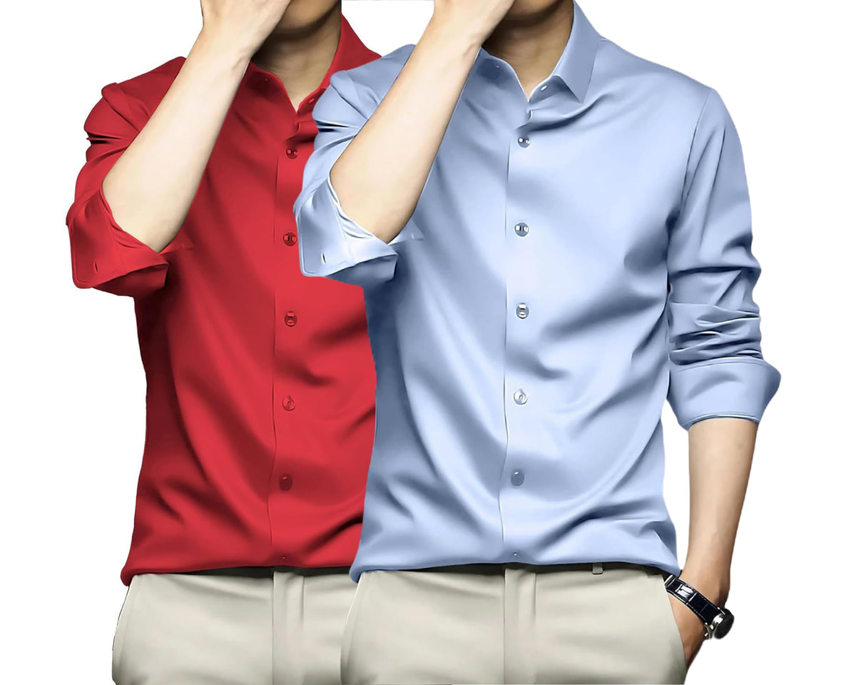 Deelmo Combo Of MenS Stylish Solid Satin Casual Shirt For Men Full Sleeves| Poly Satin Silk Shirt Pack Of 2 Red-Sky