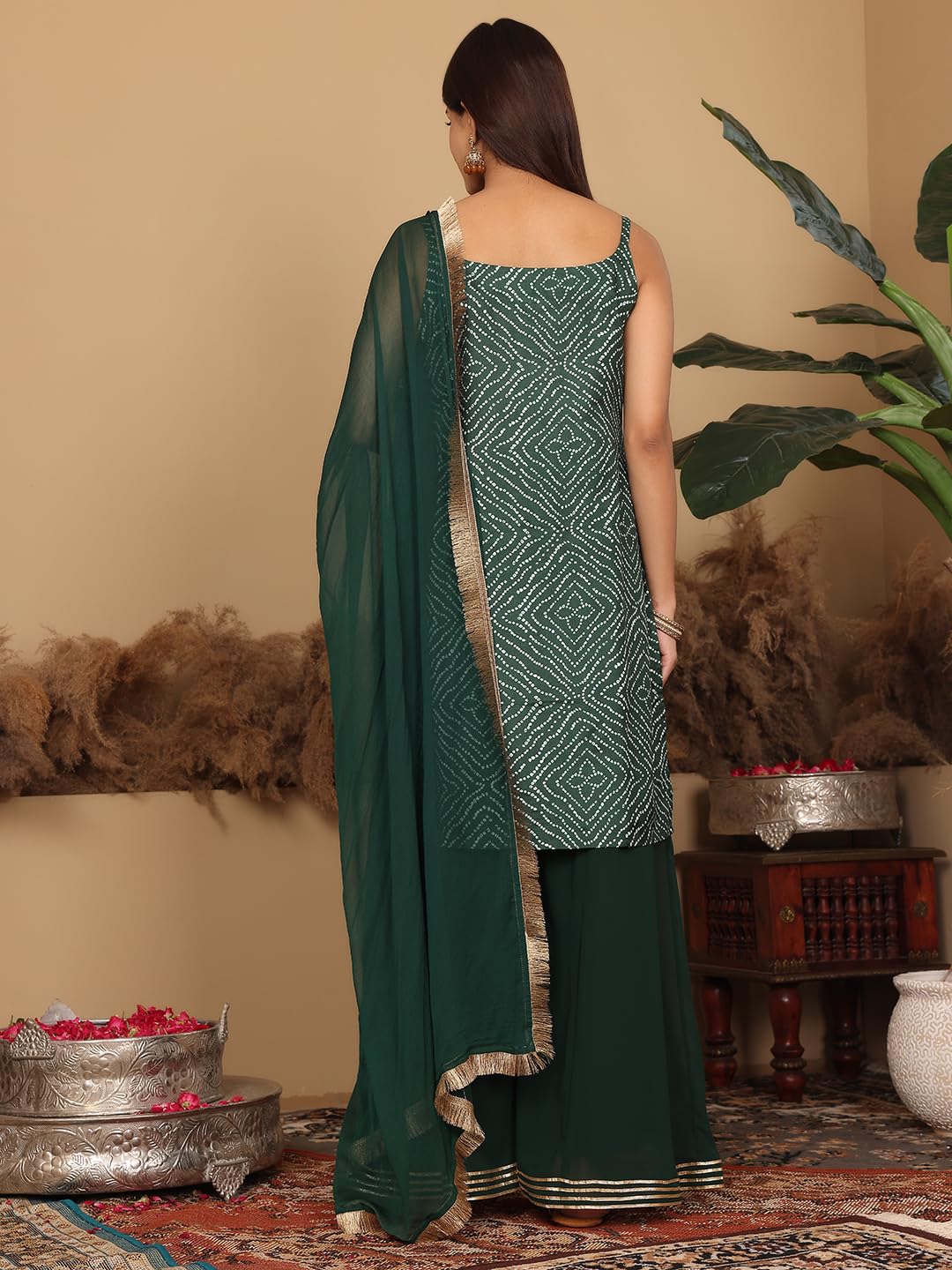 Varanga Womens Green Bandhini Printed Kurta Paired With Sharara And Dupatta