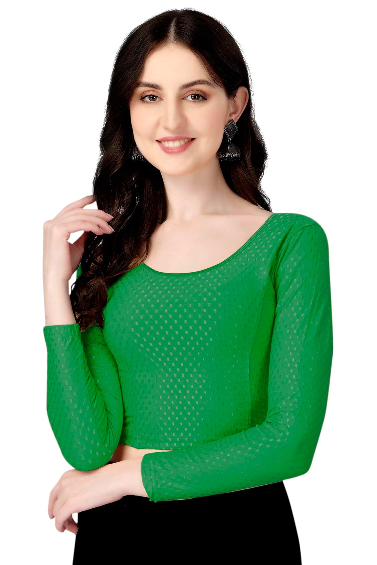Shiv Textiles Round Neck Dobby Cotton Lycra Stretchable Elbow Sleeve Readymade Saree Blouse For Women Stylish (Greenfree Size Fu