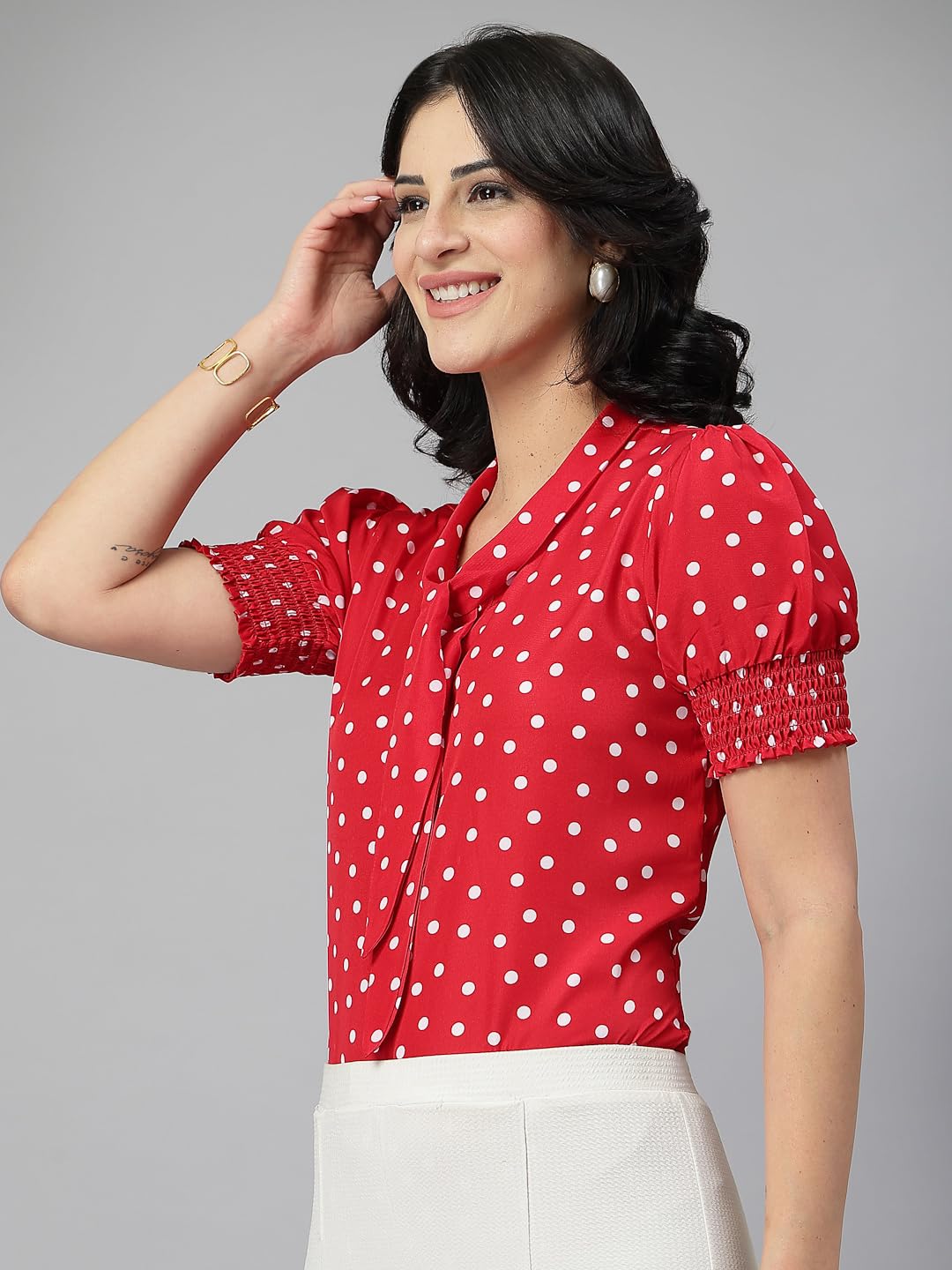 Style Quotient Women Polka Printed Red White Polycrepe Semi Formal Top