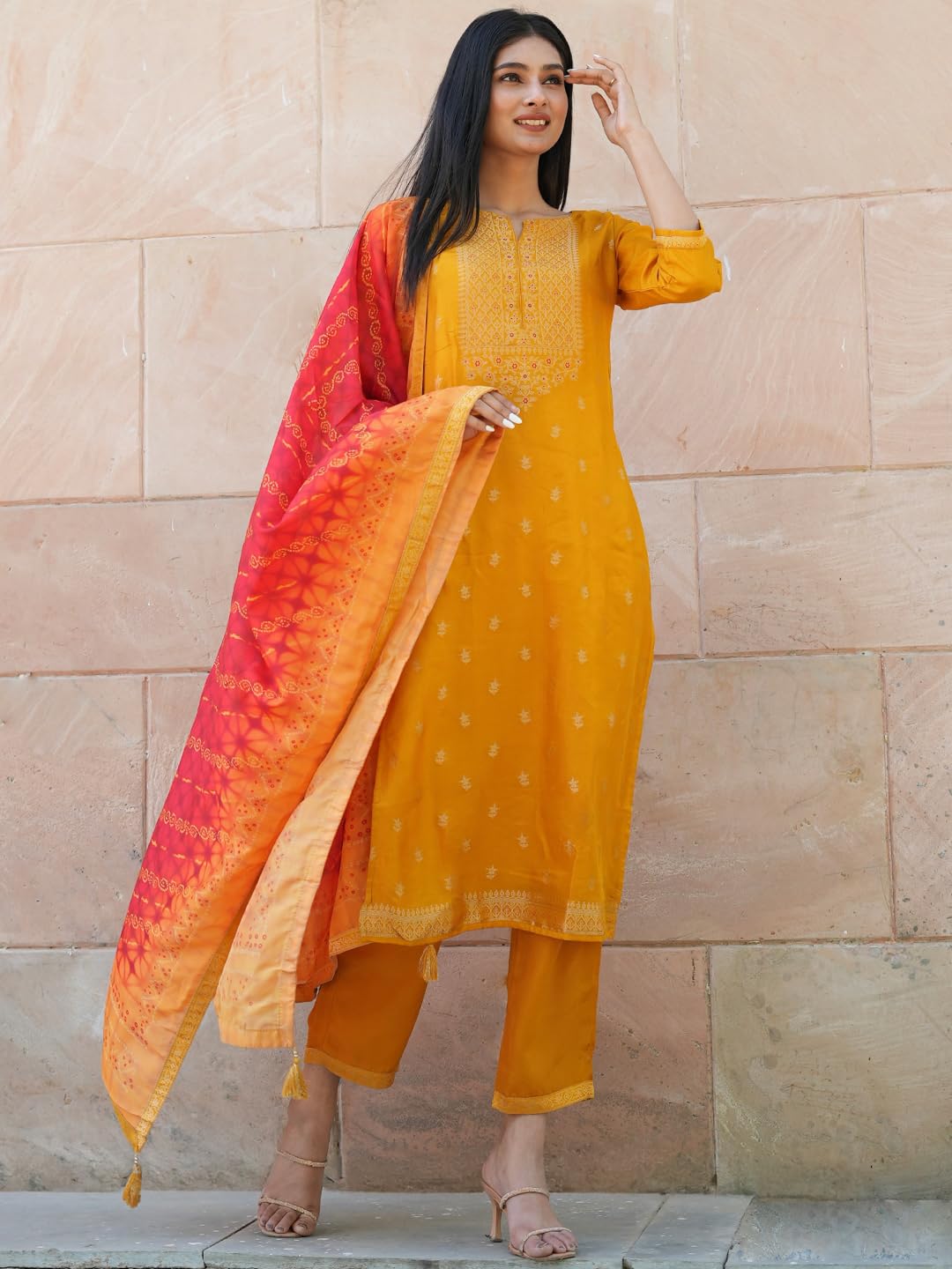 Libas WomenS Silk Blend Kurta Sets (38065O_Mustard
