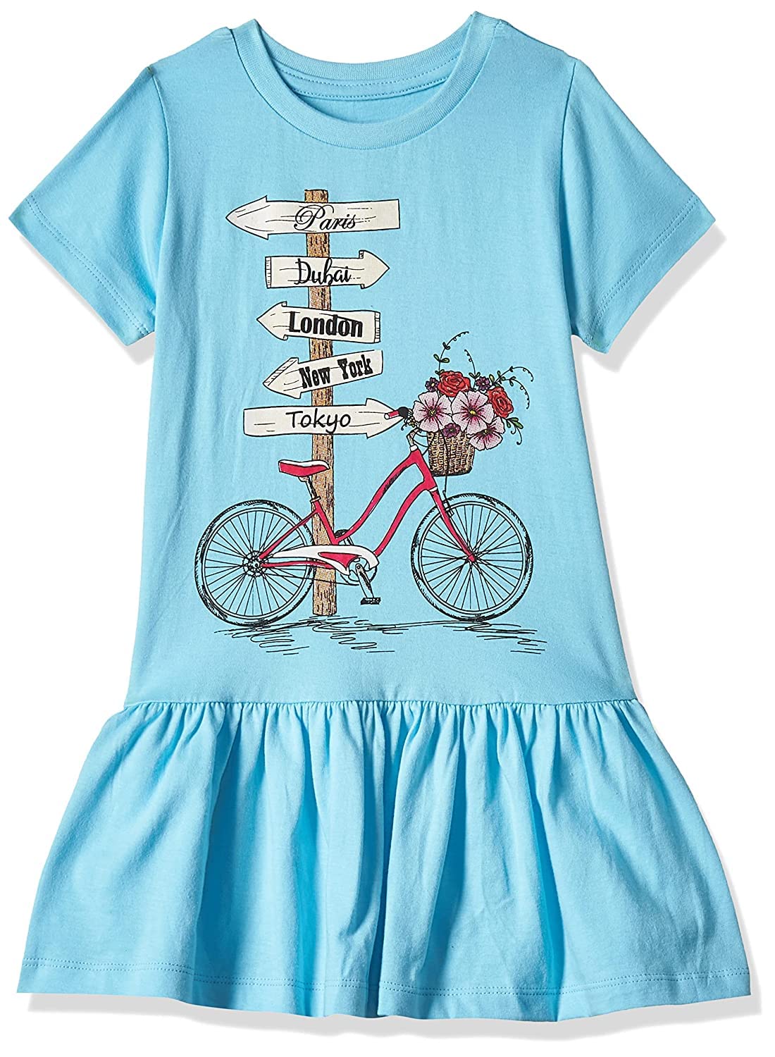 T2F Girls Cotton Printed Regular Fit Casual Dress Light Blue