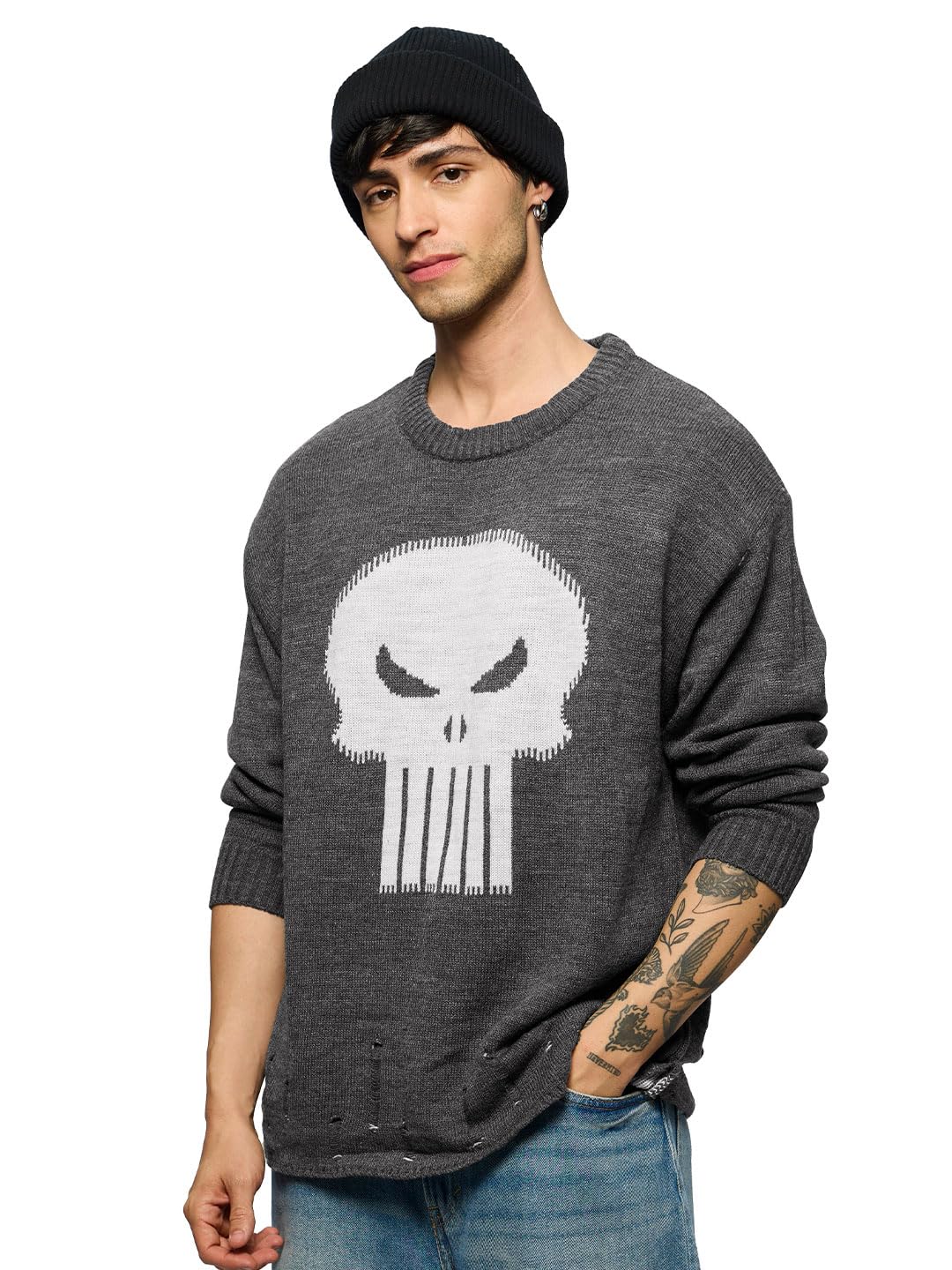 The Souled Store Official Punisher: Logo Oversized Pullovers for Men and Boys Grey