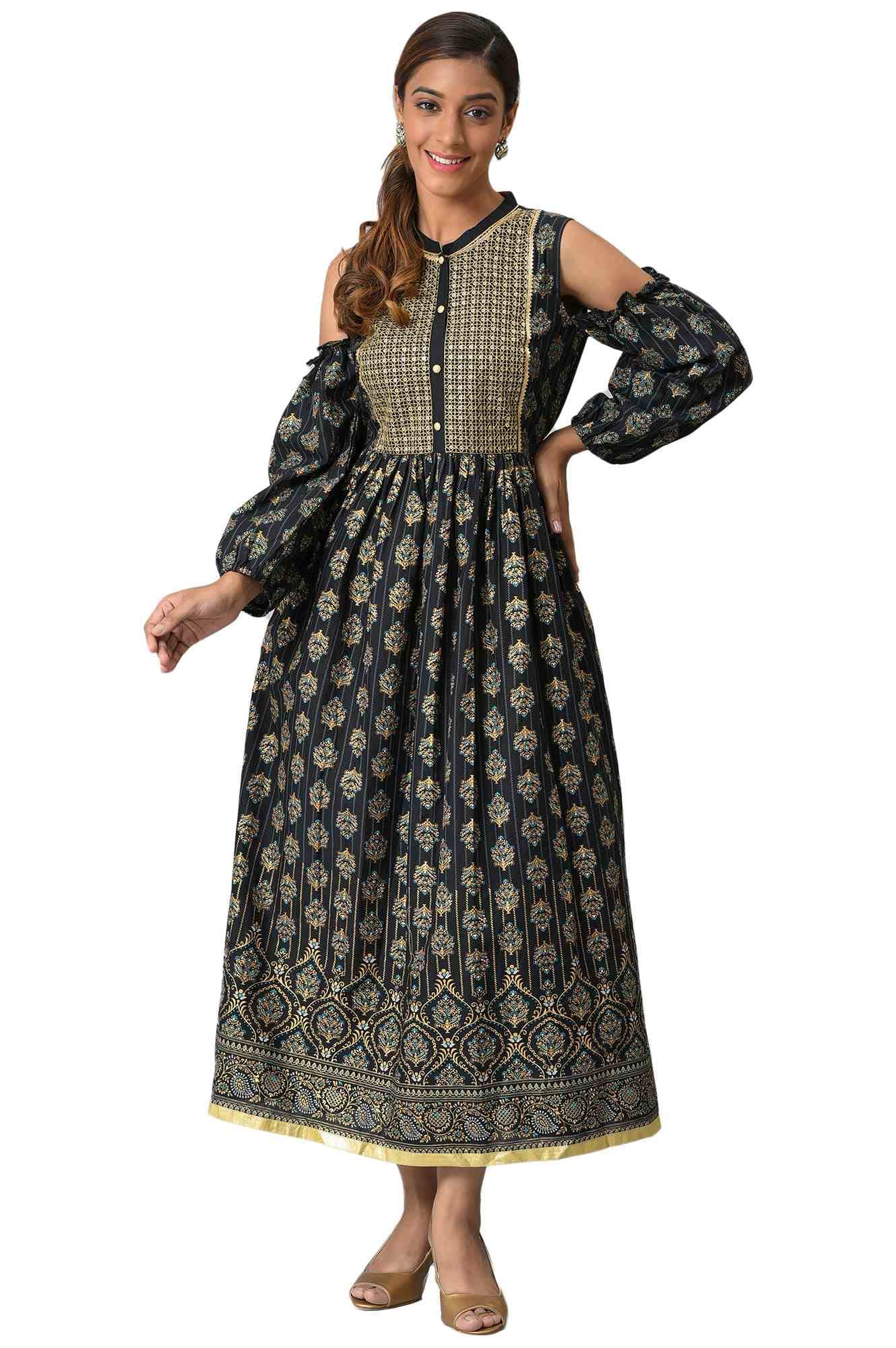 Black Cambric Modern Dress In Cold Shoulder Sleeves
