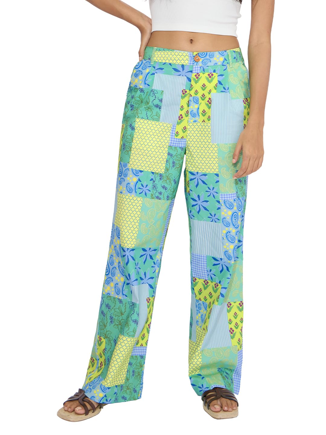 The Souled Store Paisley All Over Printed Women and Girls Buttoned Cotton Straight Fit Comfortable Trendy Wide Leg Pants Multico