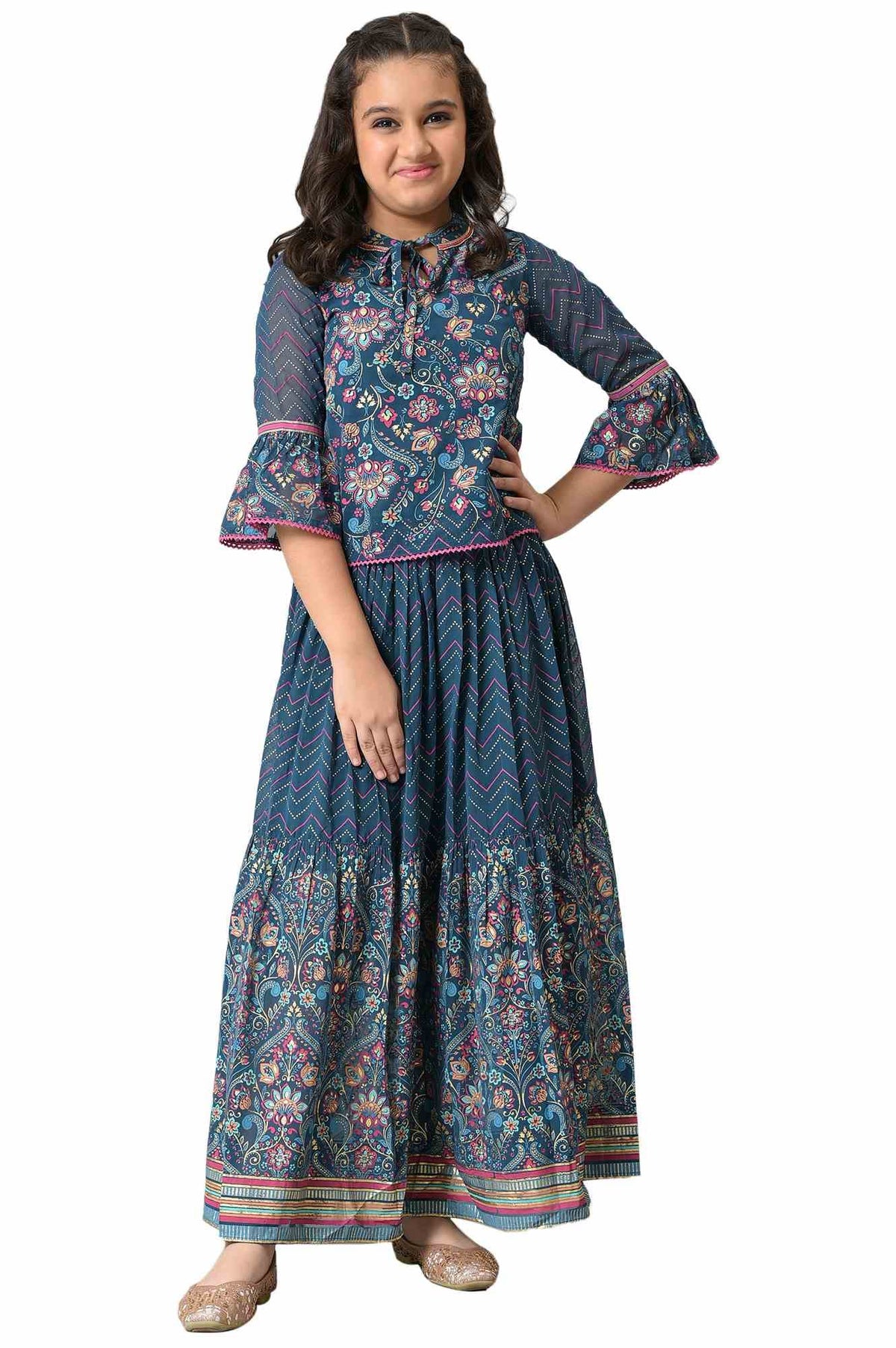 Girls Indigo Blue Printed Top With Tiered Skirt