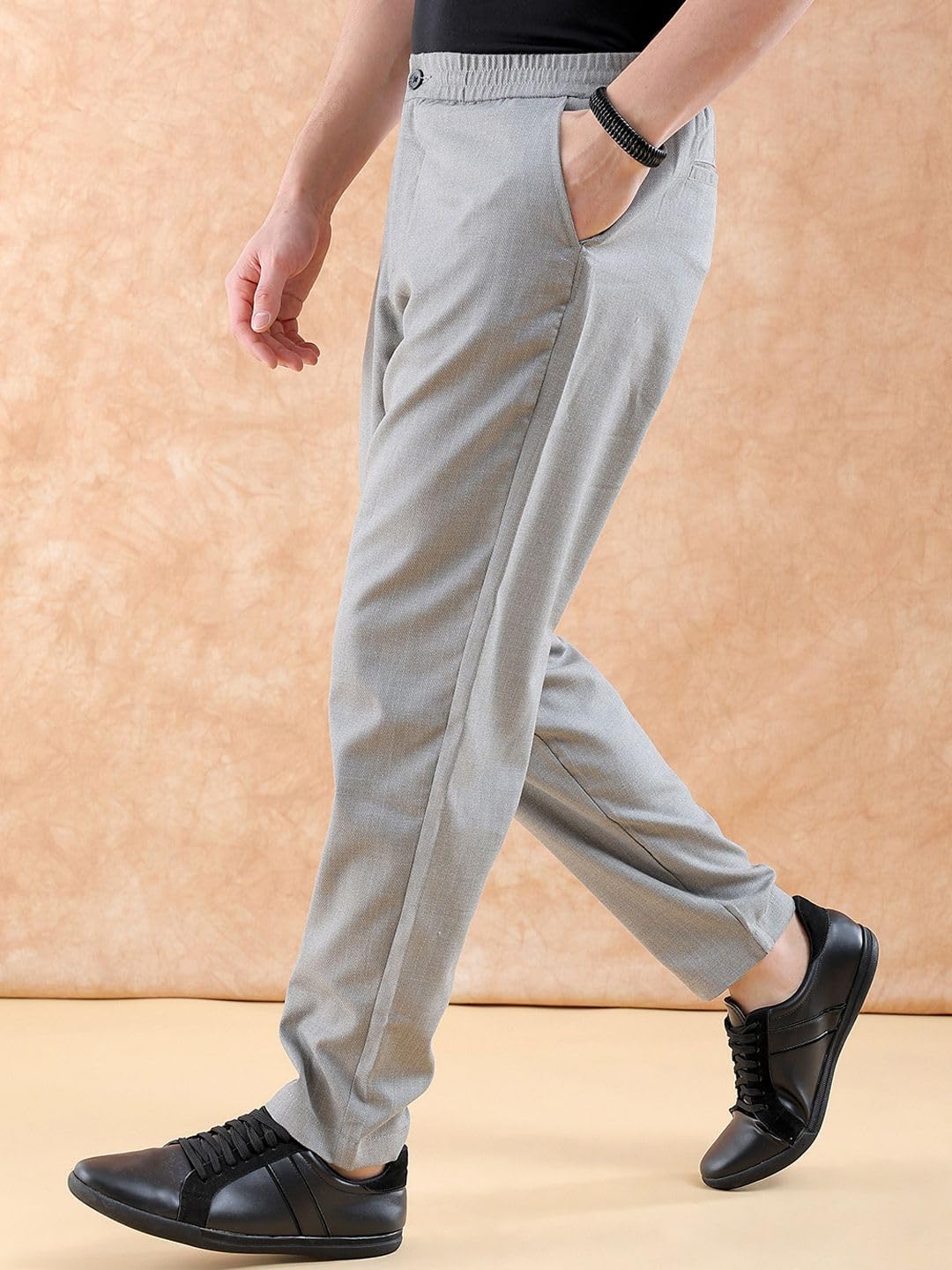 The Indian Garage Co Men Relaxed Cropped Solid Mid-Rise Stretchable Trousers Steel Grey