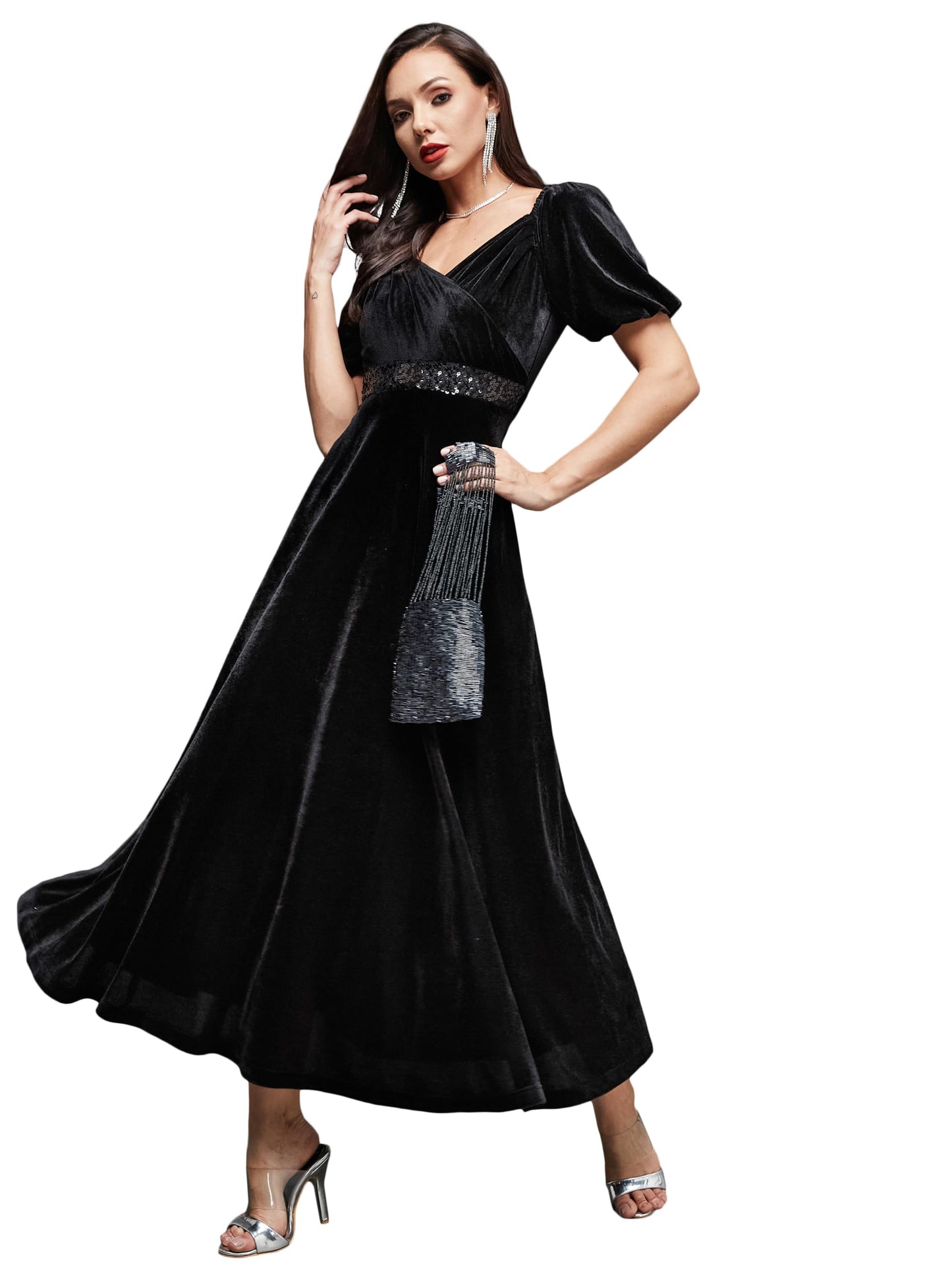 Miss Chase WomenS Sweetheart Neck Half Sleeve Fit & Flare Midi Dress (Mcaw25D84-68-365-05, Obsidian Black, L)