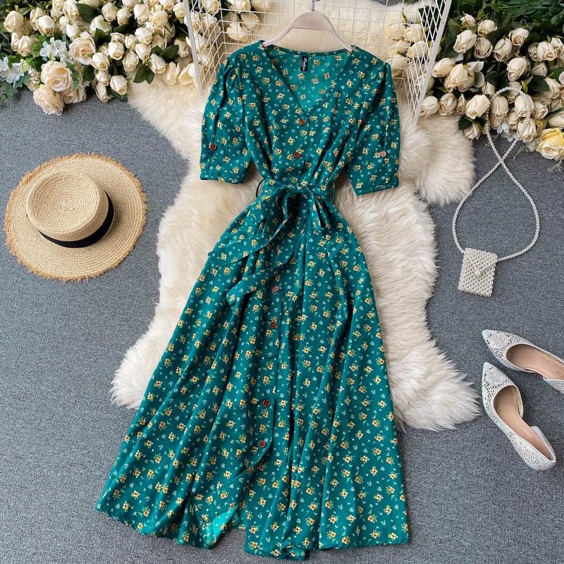 Gufrina Dresses For Women Half Sleeve || Floral Print || V-Neck And Puff Sleeves || Front Open Button & Tie-Up || Midi Dress (Gr