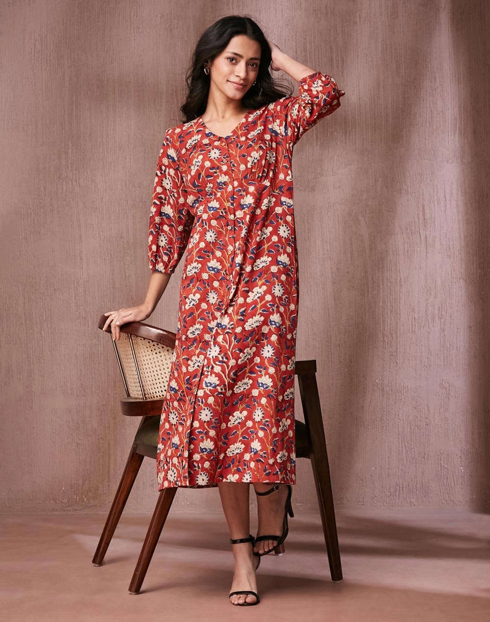 Fabindia Red Cotton Bagru Printed Midi Dress
