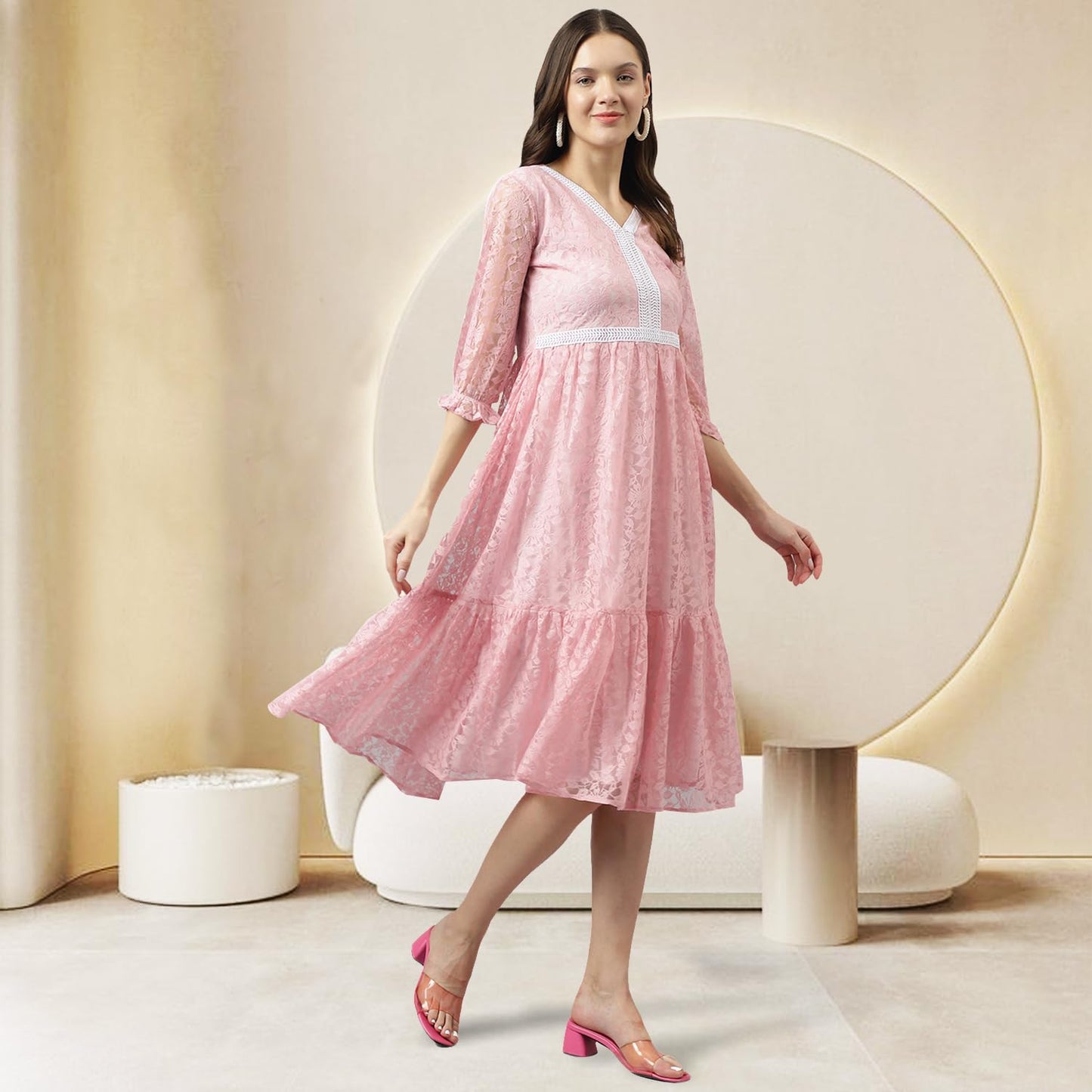 Toochki WomenS Baby Pink Russle Net Floral Tiered Western Dress | Dress For Women | A Line Dress | Winter Dress | Western Dress