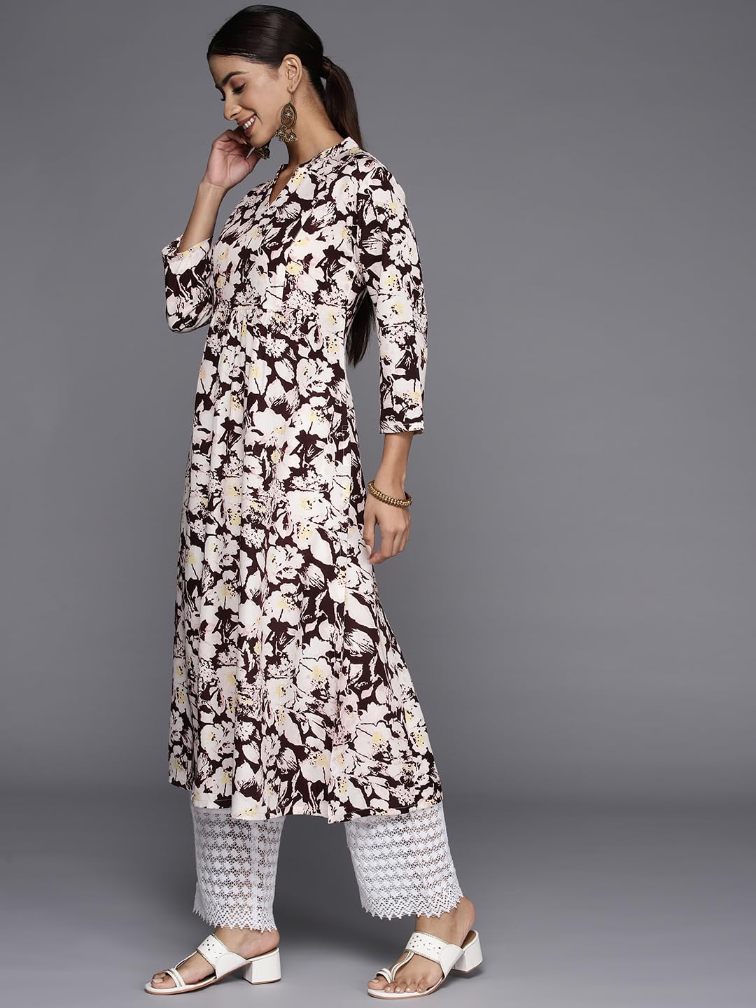 Varanga Brown Floral Printed Mandarin Collar with Slit, Three Quarter Sleeves, Empire Line Gather Detail A-Line Kurta with Side Slits