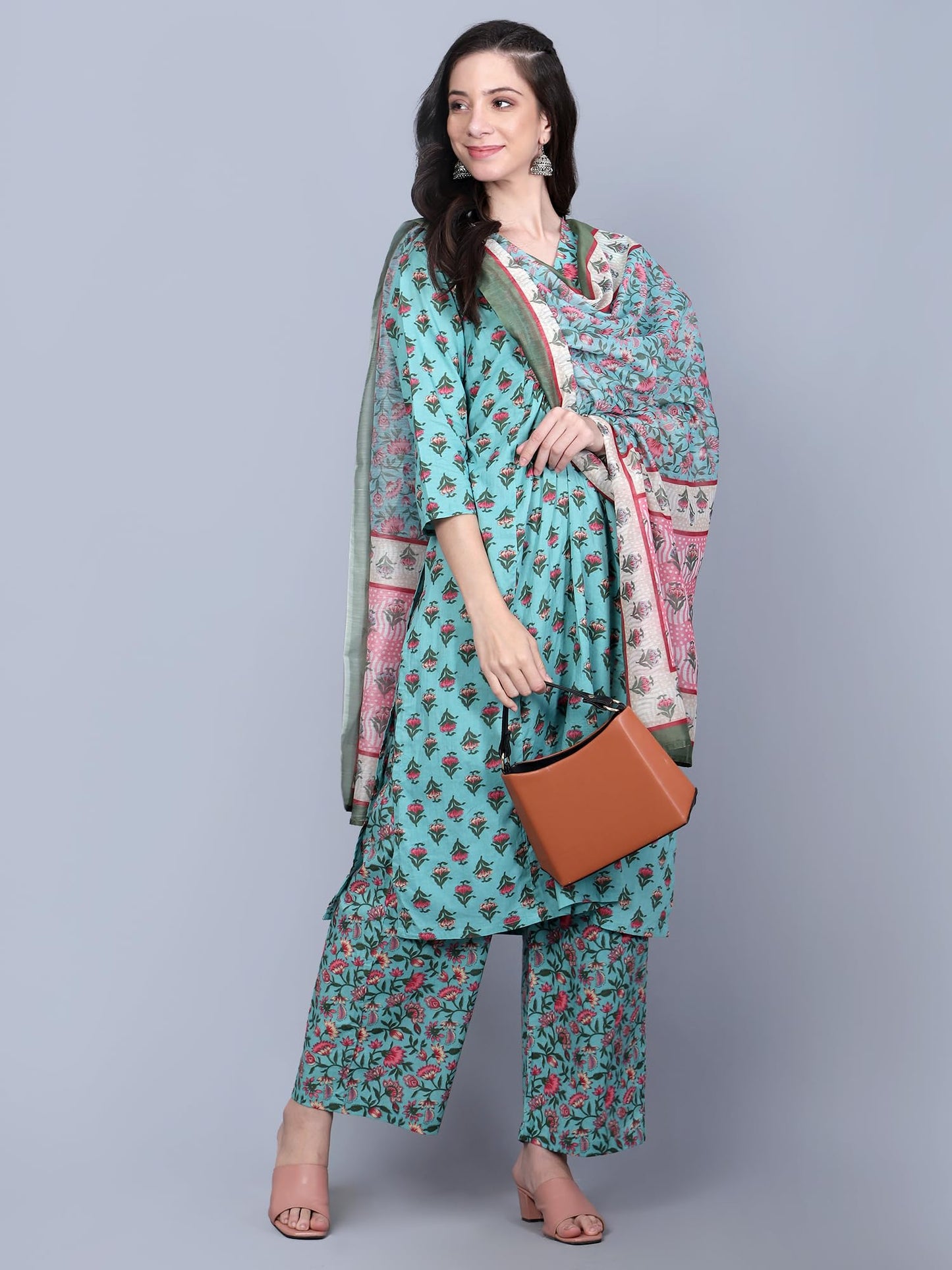 idaLia Teal Blue Printed Kurta Set with Dupatta