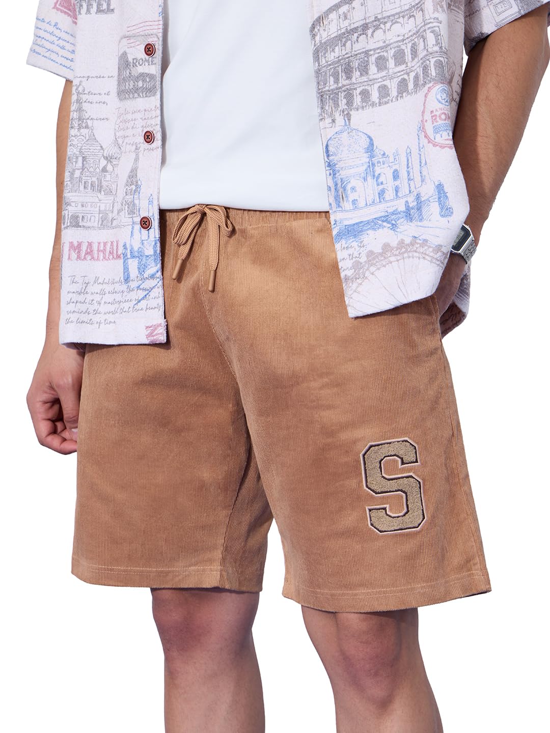 The Souled Store Lounge Shorts: Dawn Men and Boys Drawstringed Beige Embroidered Cotton Lounge Shorts