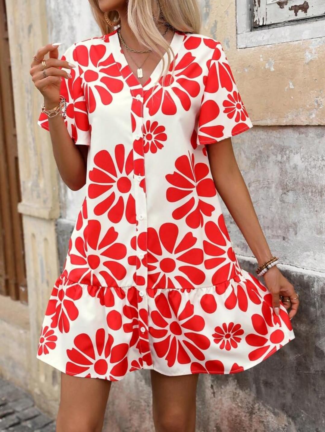 Gufrina Dress For Woman |One Piece Dress For Women |Red Floral Print | Button-Down | Flowy Ruffled Hem, Short Sleeves, And V-Nec
