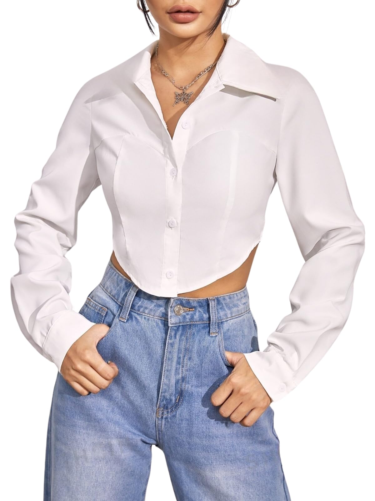 Greciilooks Shirt For Women | Printed Casual Crop Top | Long Sleeve Stylish Collared |Korean Oversized Button-Down |Causal |Form