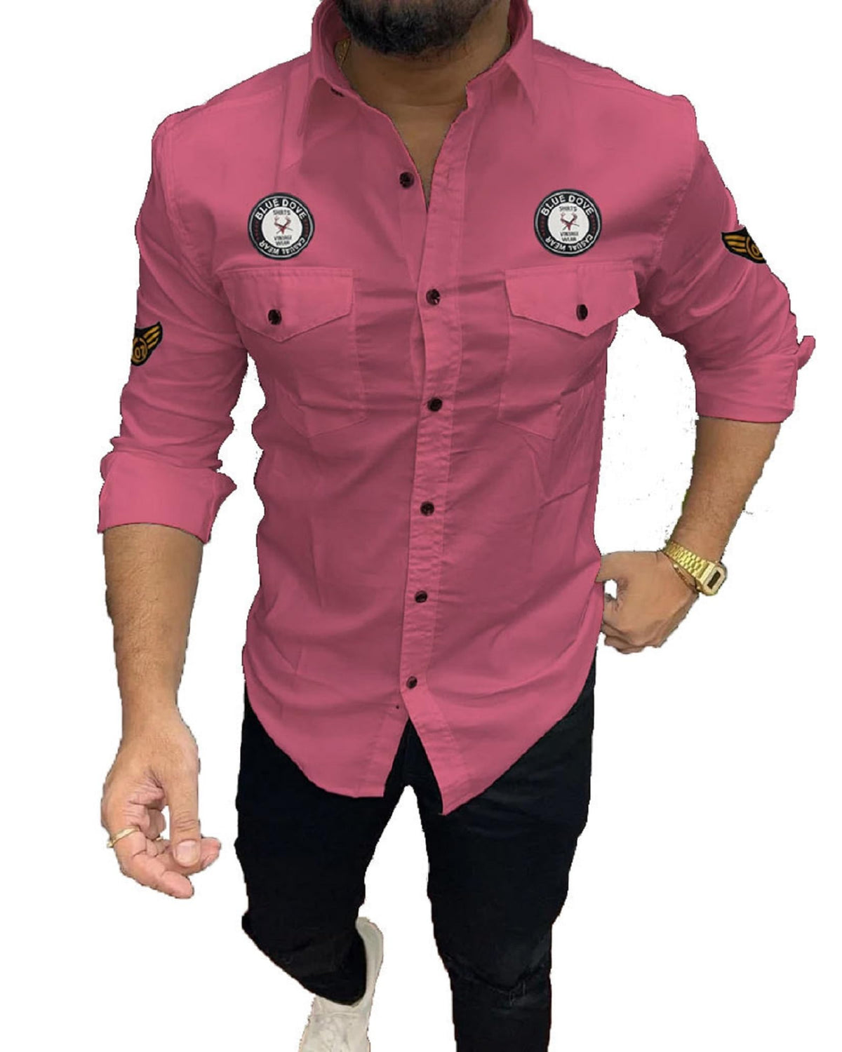 Kadiyu Double Pocket MenS Casual Fit Formal Shirt - Stylish And Comfortable Dress Shirt For Work And Everyday Wear Pink