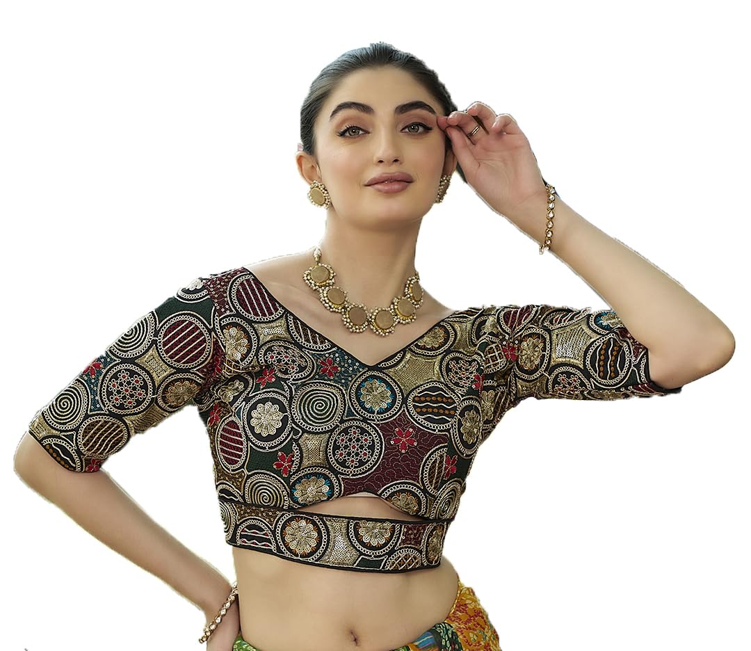 Pujia Mills WomenS Blouse Readymade Embroidery Multicoding Gold Thread And Multicolor Dhaga Work Handwork Readymade Saree Blous