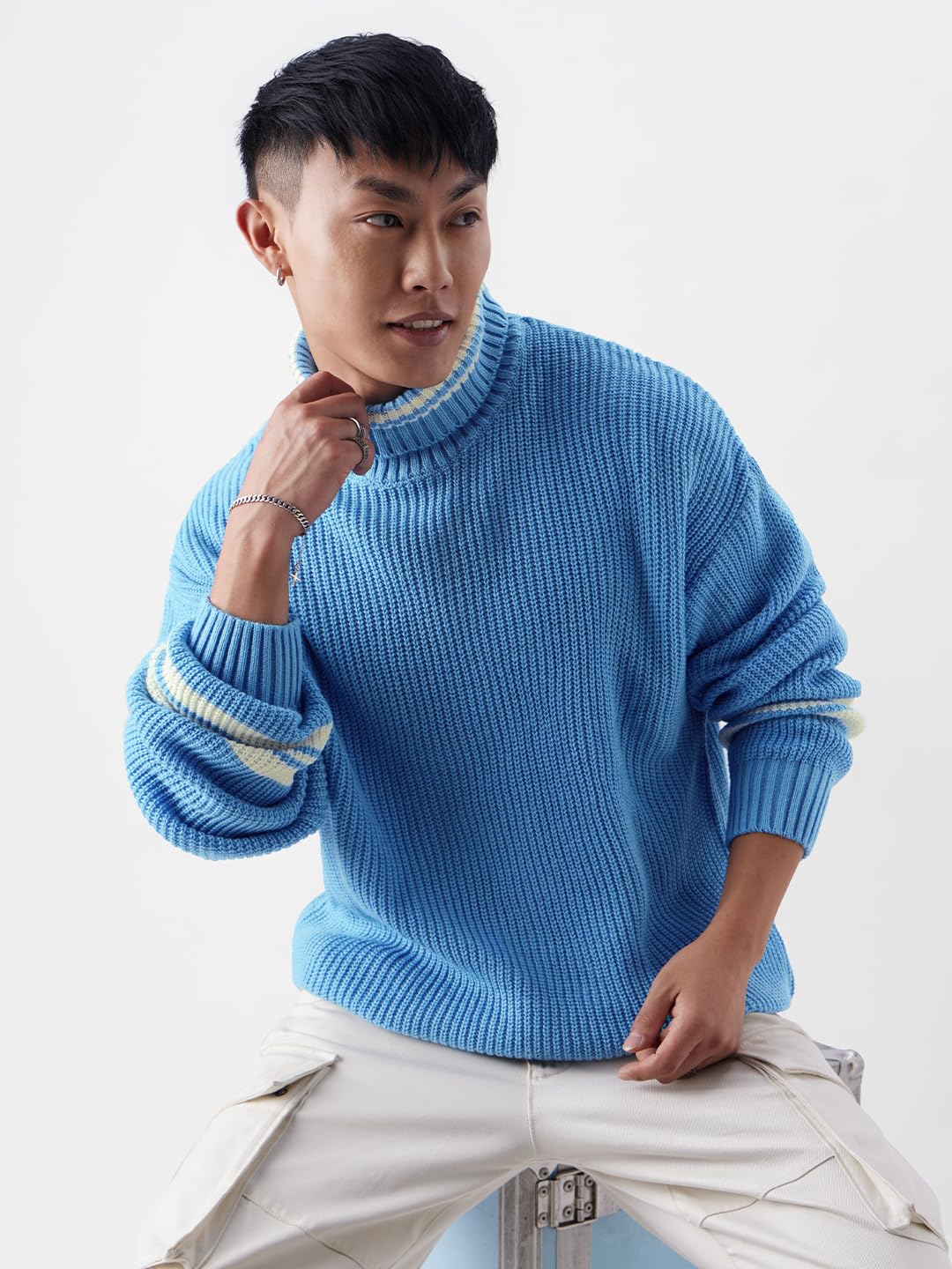 The Souled Store Solids: Powder Blue Pullovers Pullovers Cozy Pullover Sweaters Crewneck V-Neck Cable Knit Lightweight Oversized