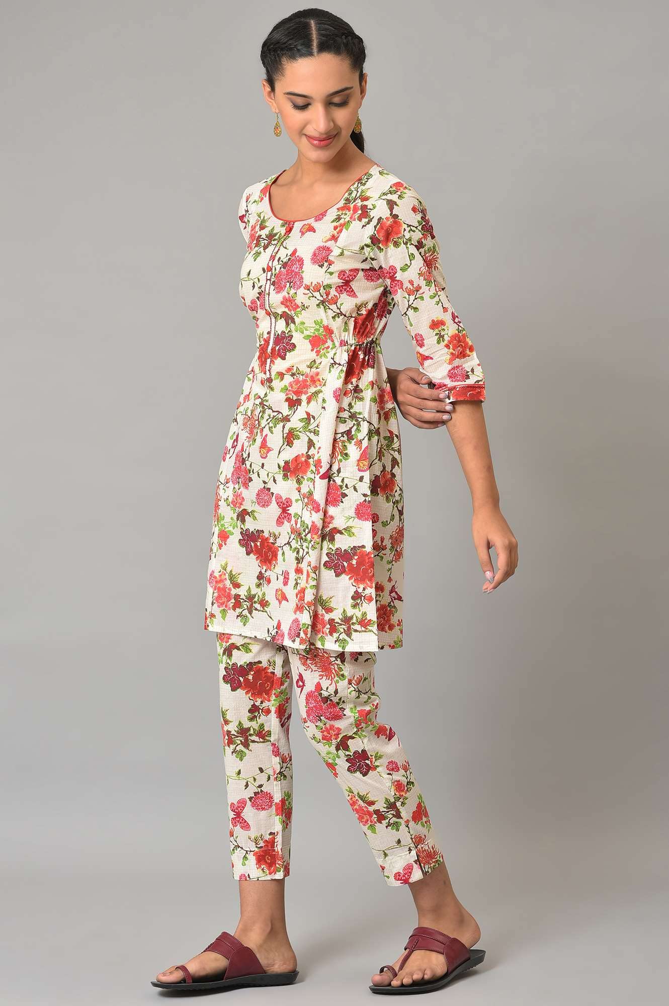 Aurelia Woman Rayon Floral Printed A-line White Kurta Cord Set | Kurta and Pants Set for Women | White Floral Printed Causal Kurta Set