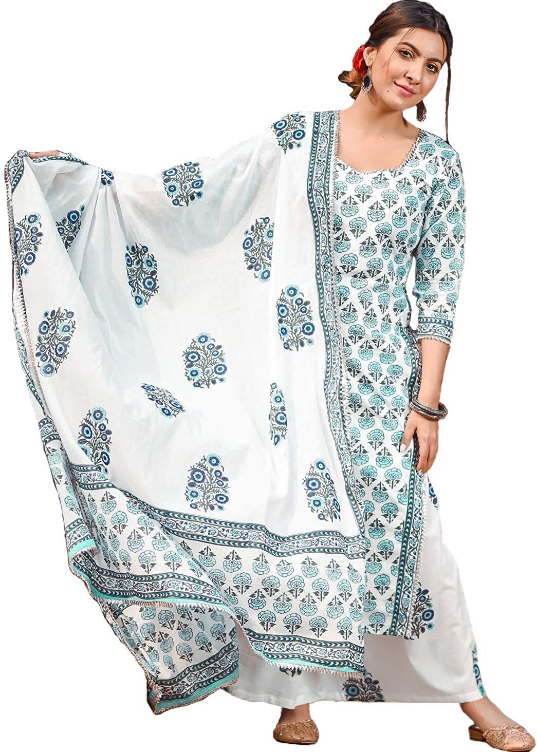 GoSriKi Women's Cotton Blend Traditional Straight Printed Kurta with Pant Set (Jaipuri White_GS)