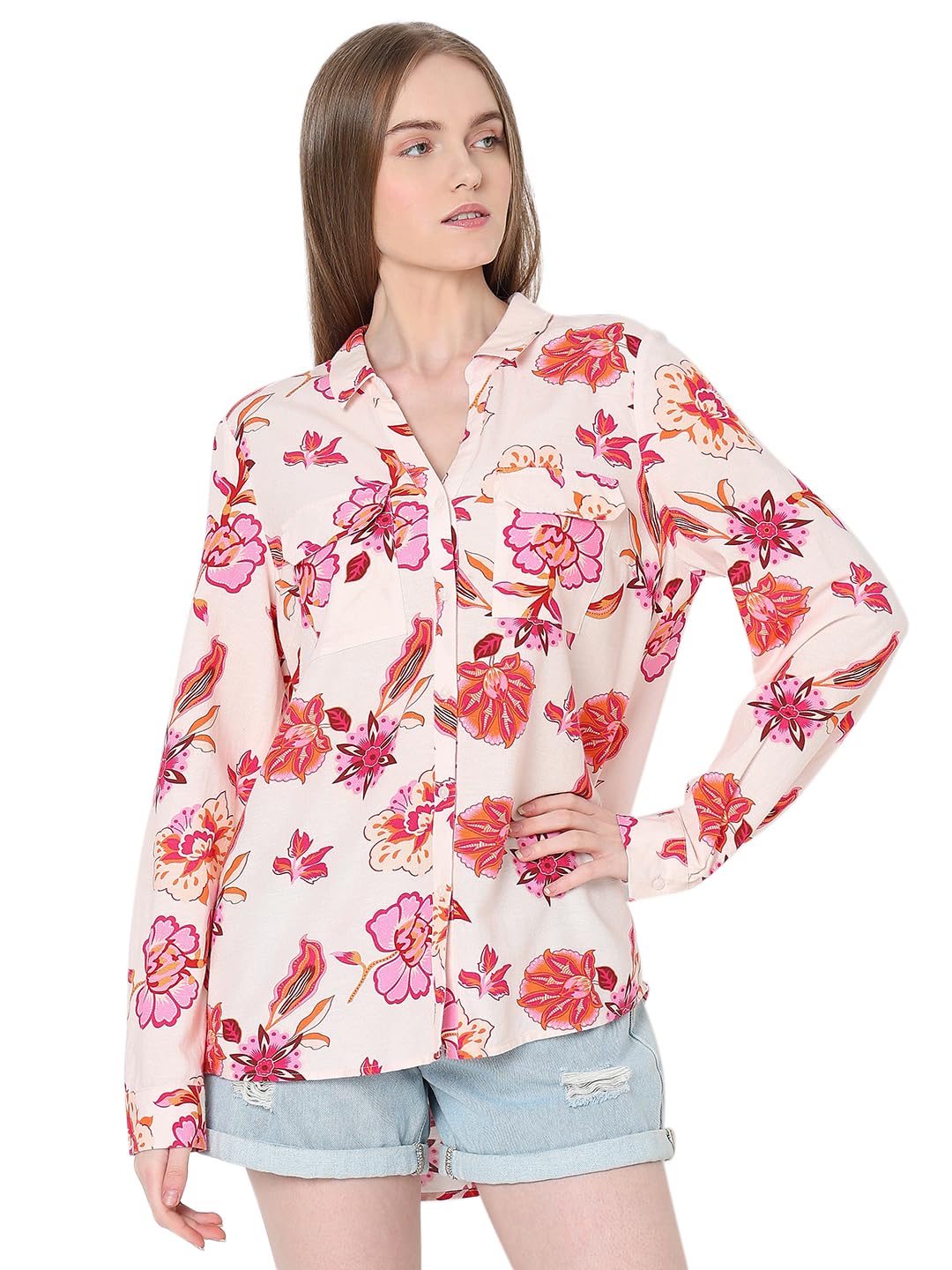 Vero Moda Women Floral Print Beige Viscose Regular Fit Shirt