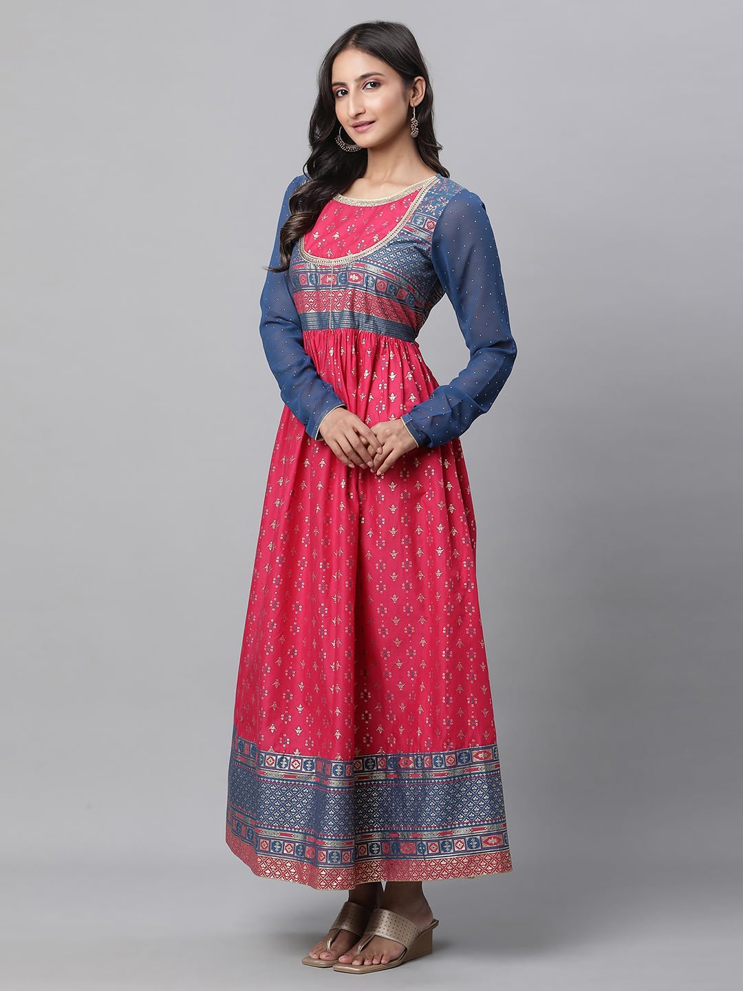 Aurelia Pink Ethnic Motif Cotton Anarkali Kurta with Lace
